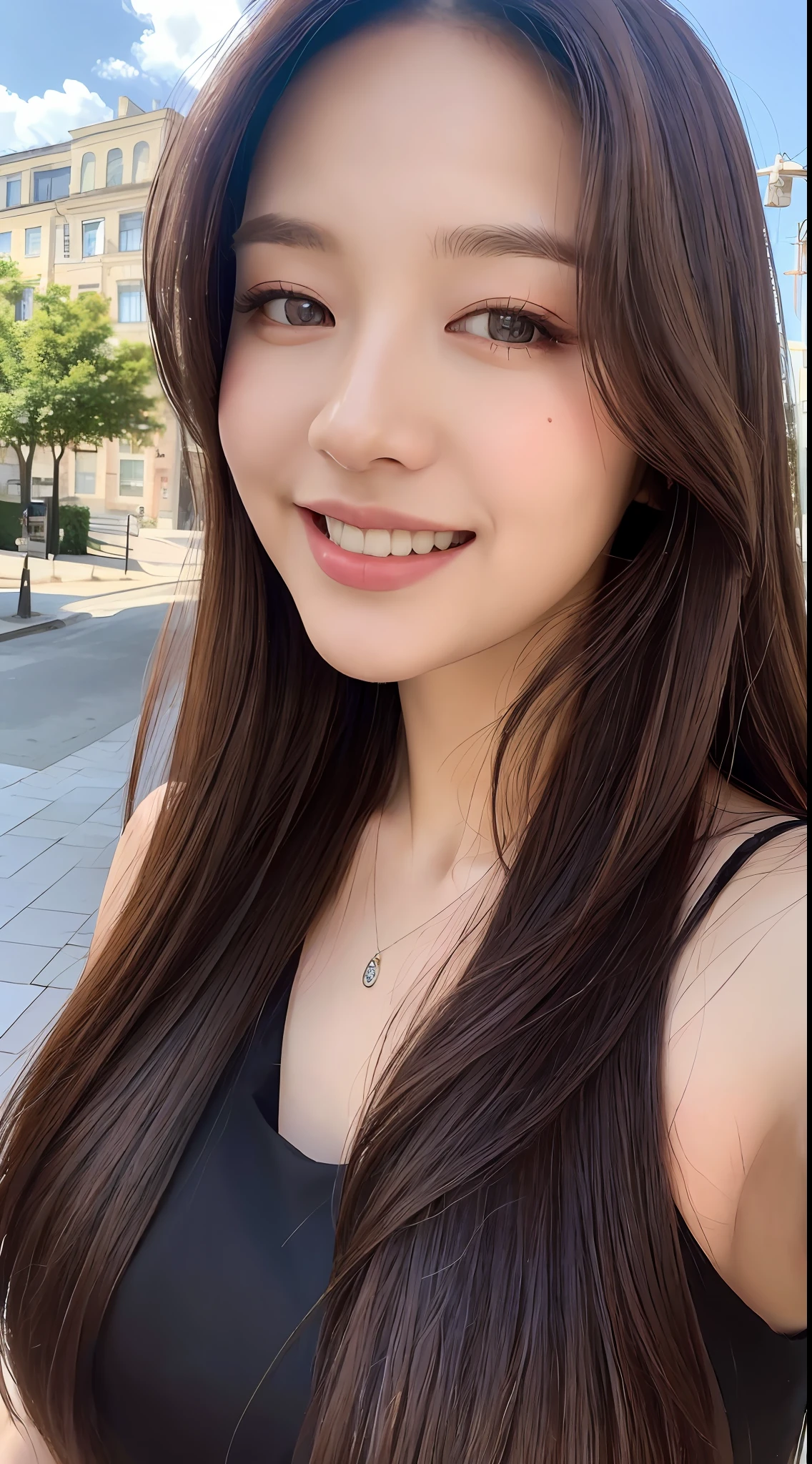 ((Best quality, 8k, Masterpiece :1.3)), 1girl, taking selfie, closeup, smiling, slim face, Pretty woman, (Dark brown hair), full length dress :1.1, Ultra-detailed face, Detailed eyes, Double eyelid, blur background, slim face, city, outside, street, sunny, sky, Nature