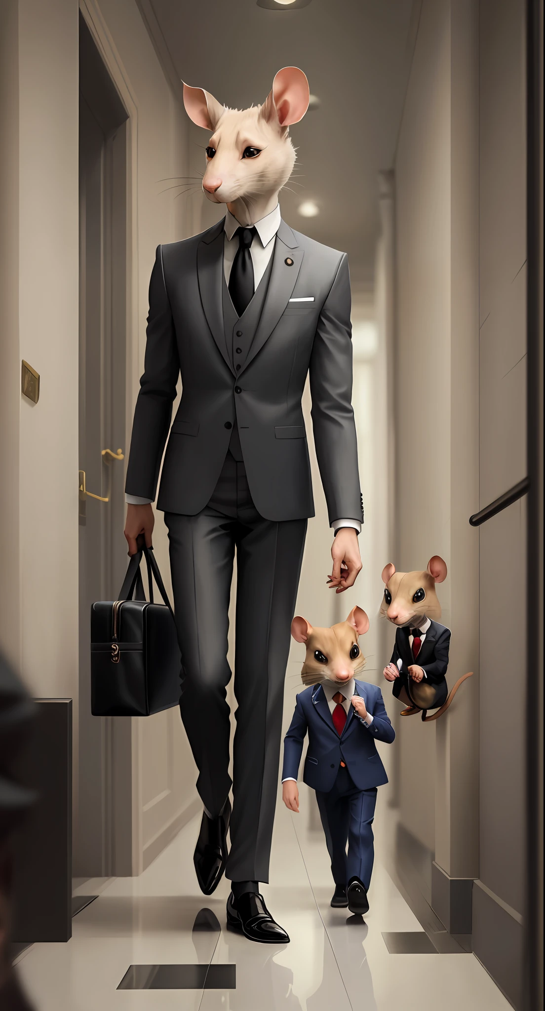 There is a man in a suit and a rat head, anthropomorphic gangster rats, anthropomorphic rats, anthropomorphic gangster rats, anthropomorphic rats, anthropomorphic rats, rats in expensive clothes, rats in clothes, in strict suits, portraits of rat mad scientists, Sergei Zabelin, in human form