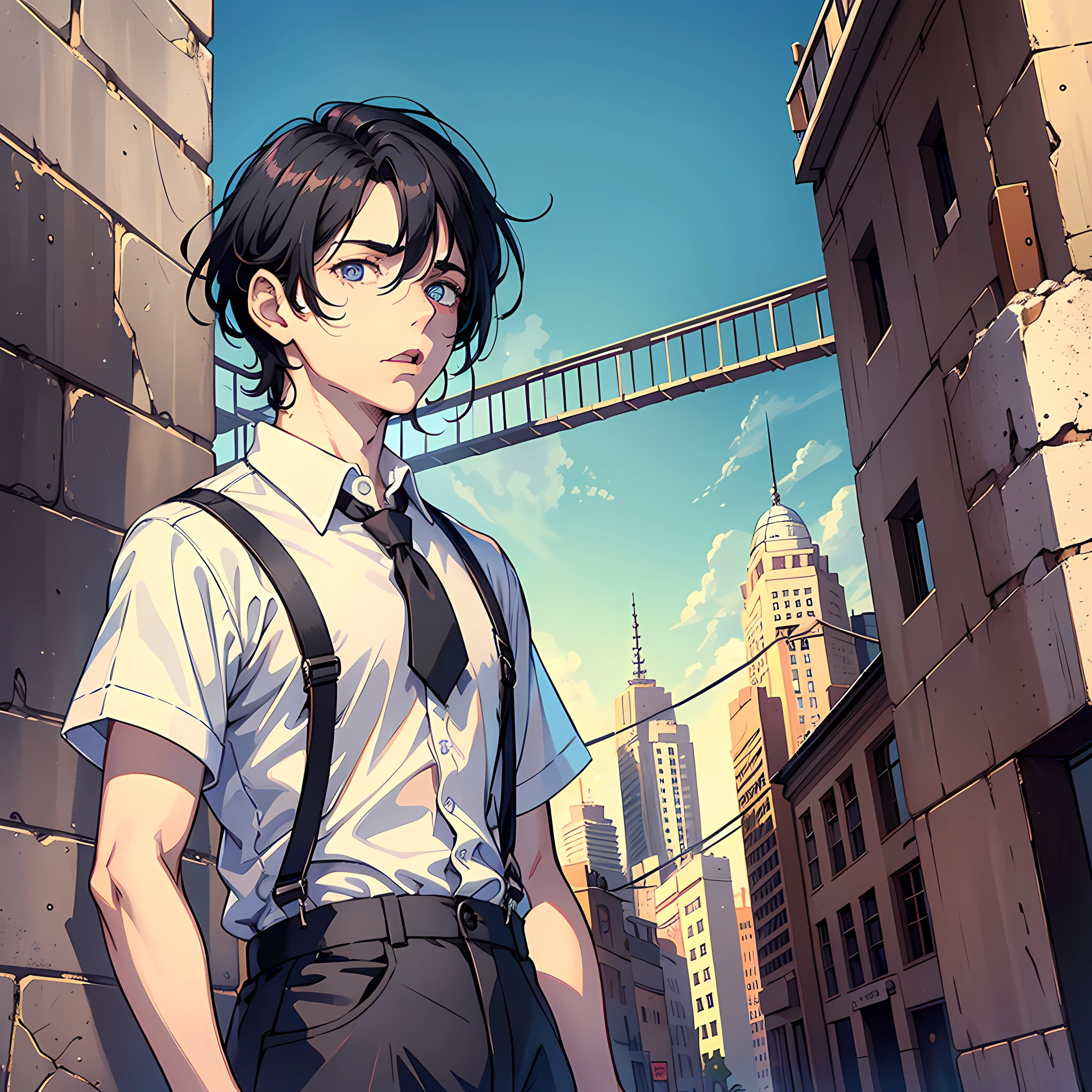 1 Male, ugly, white shirt, black hair, midpoint, white pupils, wearing suspenders, mouth open, full body: 1.2, Great Wall in background, surrealism
