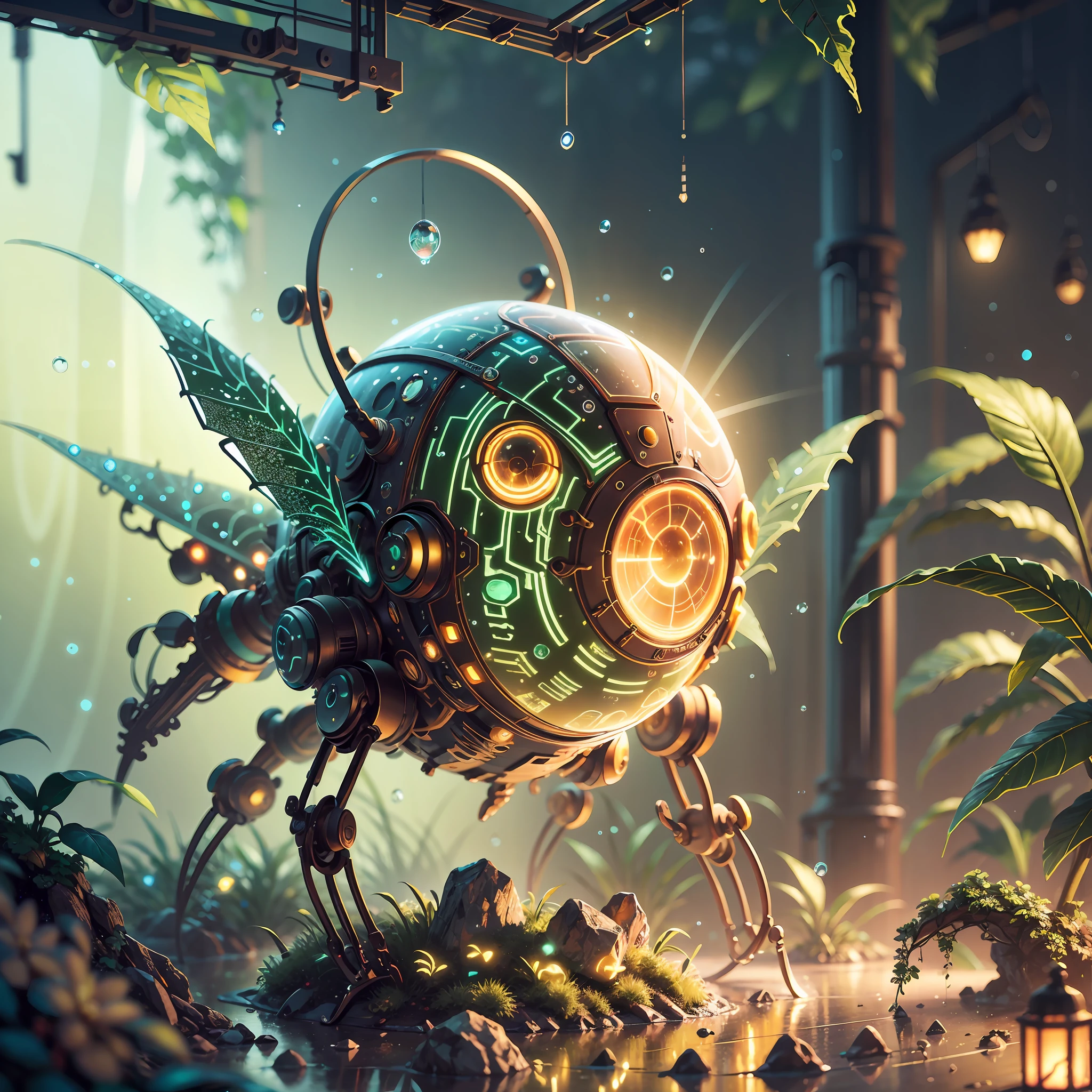 Weird core firefly robot in beautiful macro world, lush plant life, water droplets, environmental lighting effects, ray tracing reflections, high definition, volumetric lighting, complimentary colors --auto --s2