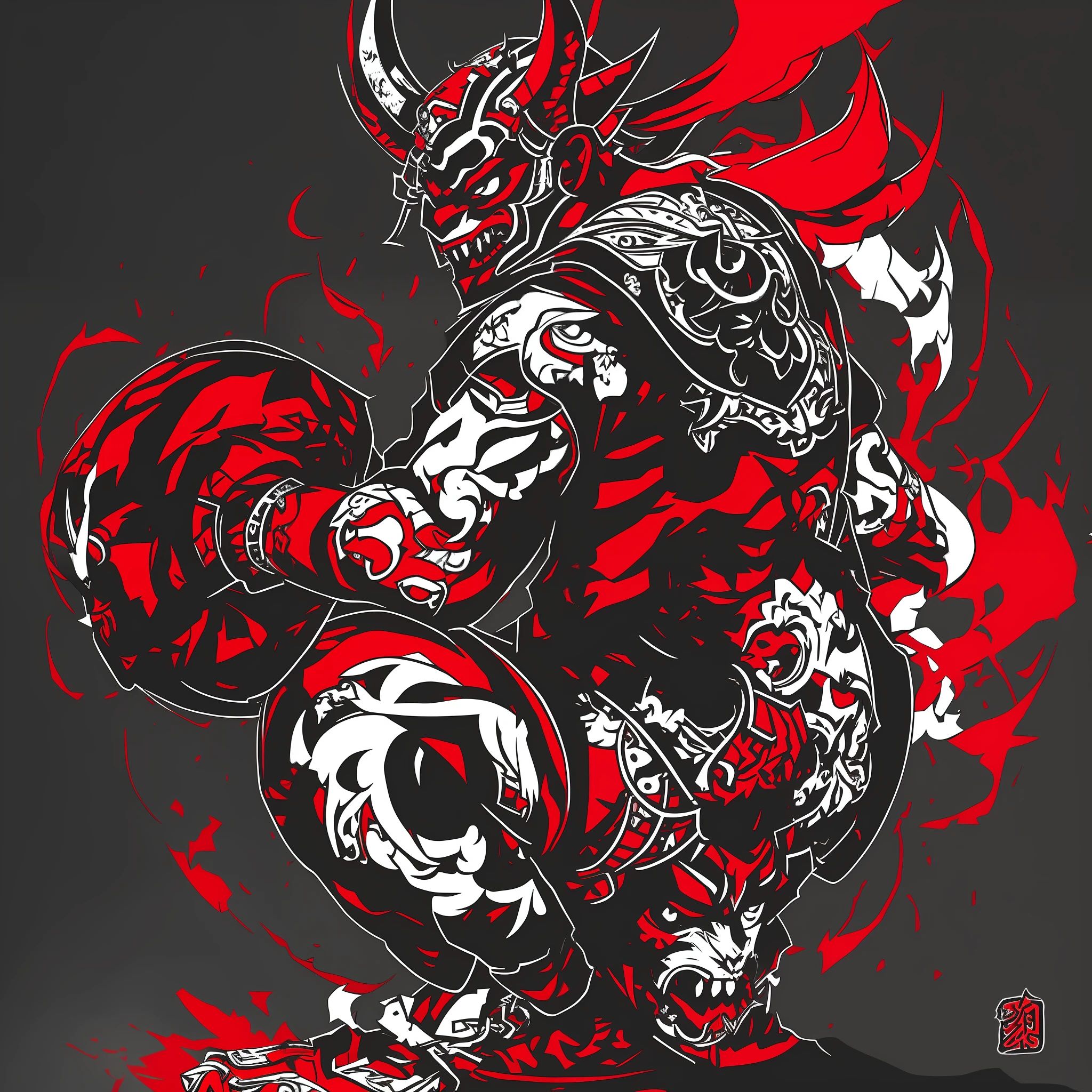 a close up of a person with a helmet and a sword, black bull samurai, demon samurai, moon bull samurai, demon samurai warrior, red demon armor, villain wearing a red oni mask, oni horns, demon berserker, high detailed official artwork, oni, mika kurai demon, demon armor, samurai chains ink undead, cyborg samurai, fat ripped satanic creature