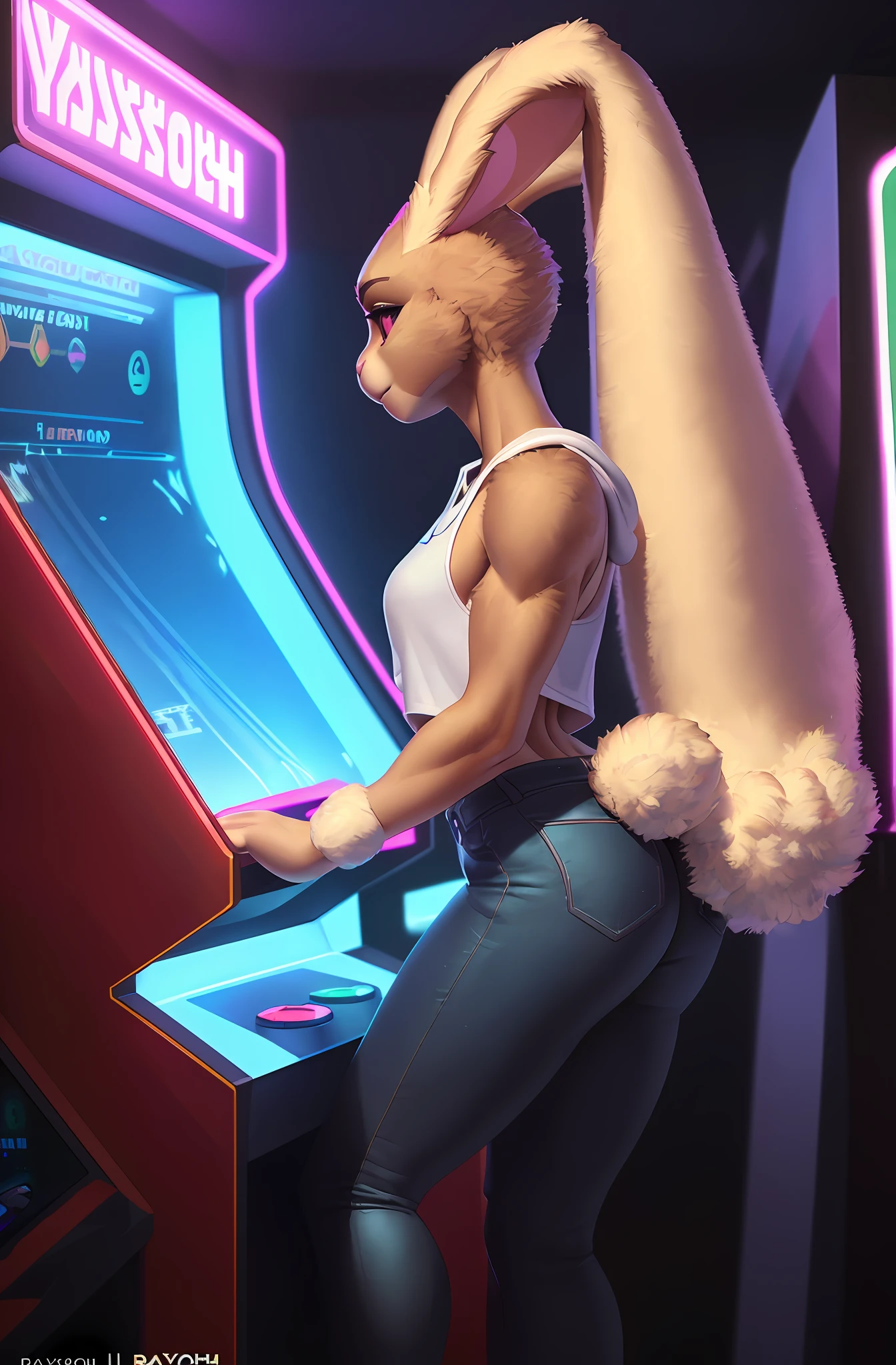 [pokemon; lopunny], [Uploaded to e621.net; (Foxovh), (Pixelsketcher), (mayosplash)], ((masterpiece)), ((solo portrait)), ((full body)), ((furry; anthro lop bunny girl)), ((detailed fur)), ((raytracing)), ((detailed shading)), ((beautiful render art)), {(anthro pokemon; lopunny, brown fur, (long floppy ears; lop bunny ears, ears down back like hair), fluffy beige rabbit tail), (frowning; long beige fluffy eyebrows), curvaceous hips, teal hoodie, (black denim skinny jeans; defined leg muscles)}, (playing arcade cabinet; attractive pose), [background; (arcade; neon lights,ambient tv lighting)]