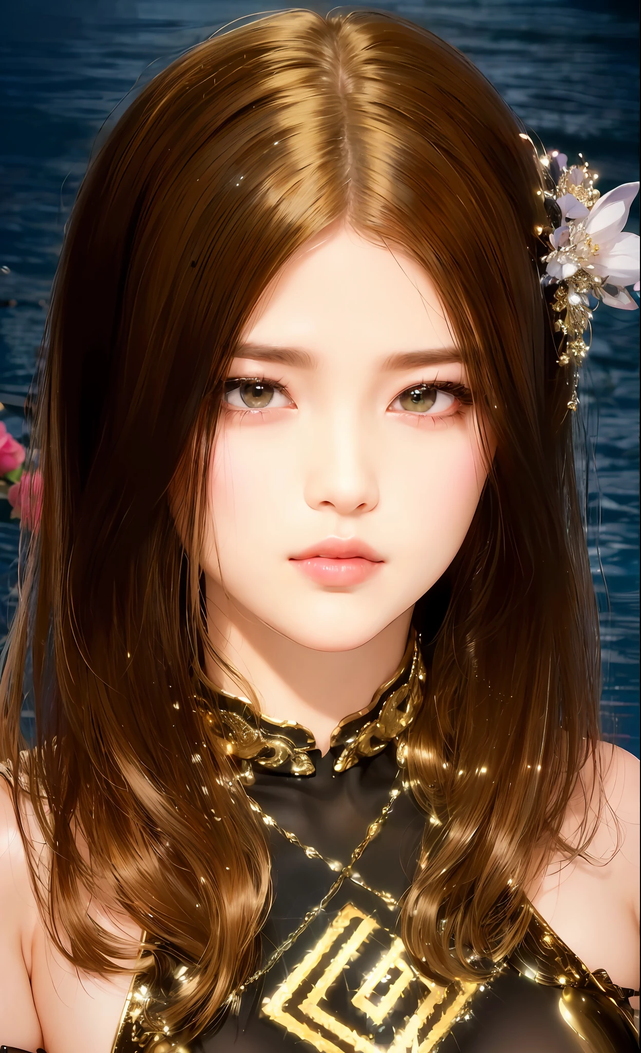 (8k, RAW photo, photorealistic:1.25) ,( lipgloss, eyelashes, gloss-face, glossy skin, best quality, ultra highres, depth of field, chromatic aberration, caustics, Broad lighting, natural shading, Kpop idol) looking at the audience With serenity and goddess-like bliss,