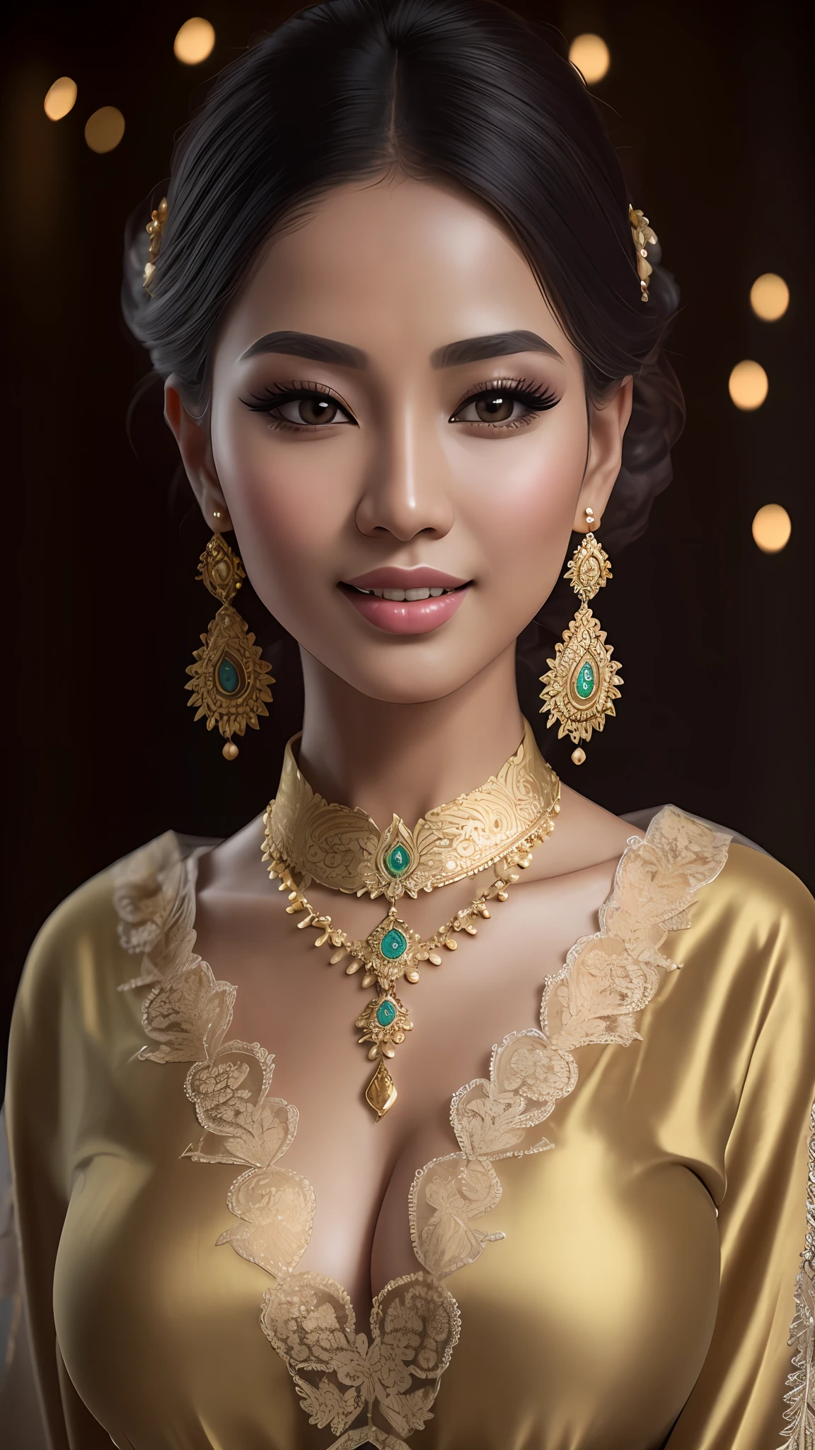 best quality, masterpiece, highres, 1girl, transparent silk lace javanese kebaya, silk robe, medium hair, smile, closed mouth,lips, long dress, necklace, jewelry, javanese clothes, make-up, earrings, detailed beautiful round eyes,Indonesia women, Beautiful face,upon_body, tyndall effect,photorealistic, rim lighting, two tone lighting,(high detailed skin:1.2), 8k uhd, dslr, soft lighting, high quality, volumetric lighting, candid, Photograph, high resolution, 4k, 8k, Bokeh, in home, leaf falling , spring, (gigantic breasts:1.3), black bra