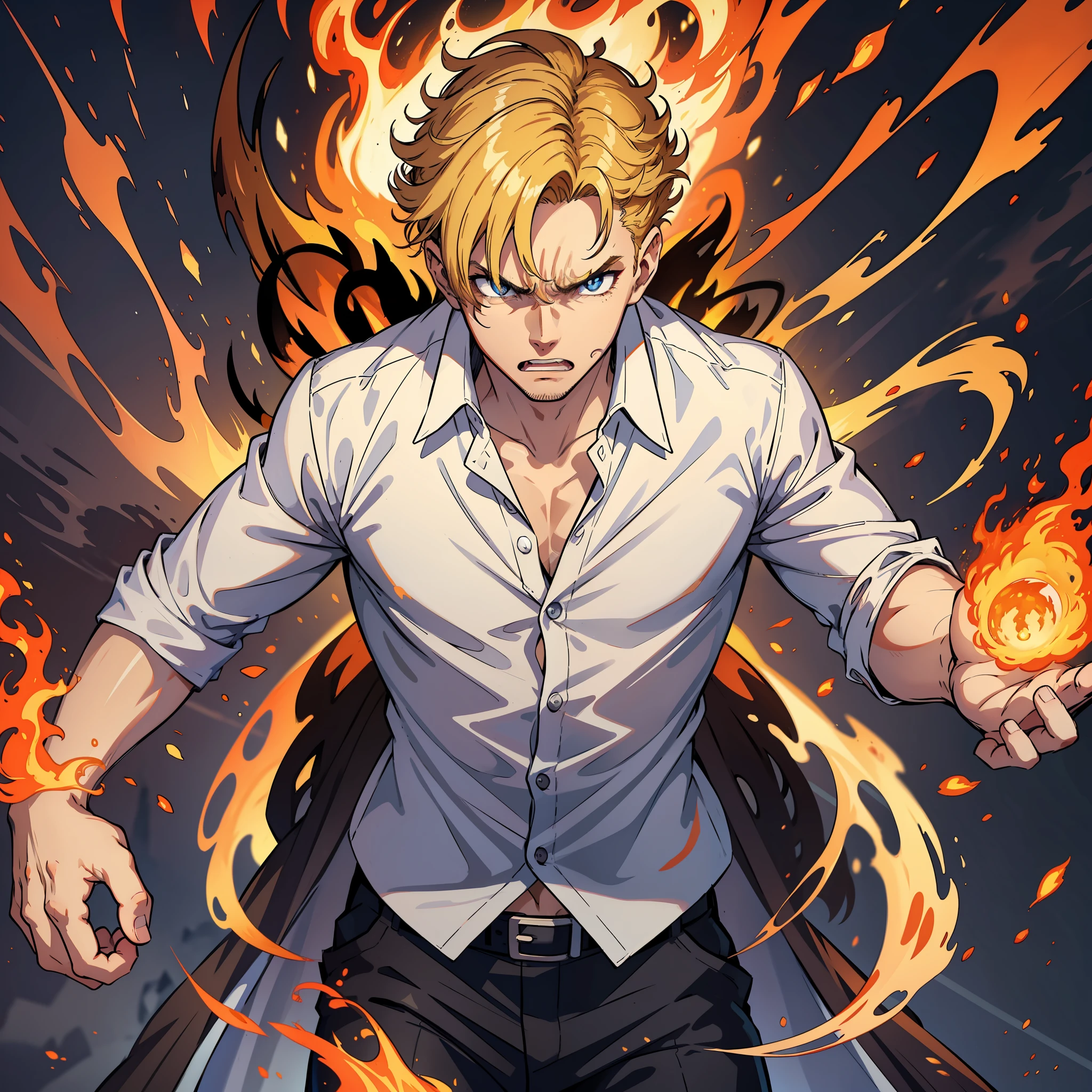 1 Man, Handsome, White Shirt, Angry, Brunette Hair, Blonde Pupils, Eyes Bursting with Fire, Surrounded by Flames, Full Body: 1.2, Surrealism