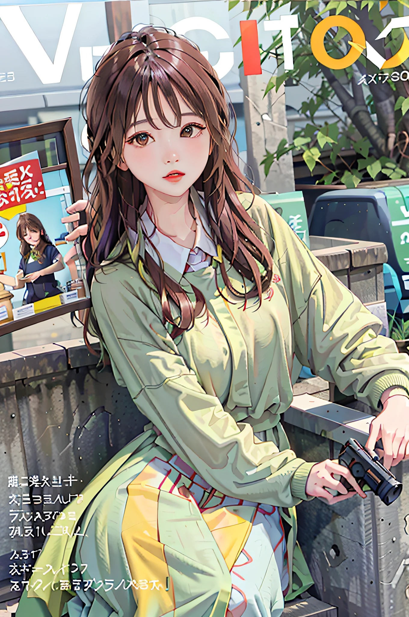 masterpiece, best quality, spring outfit, colorful hair, outdoor, magazine cover ,upper body,