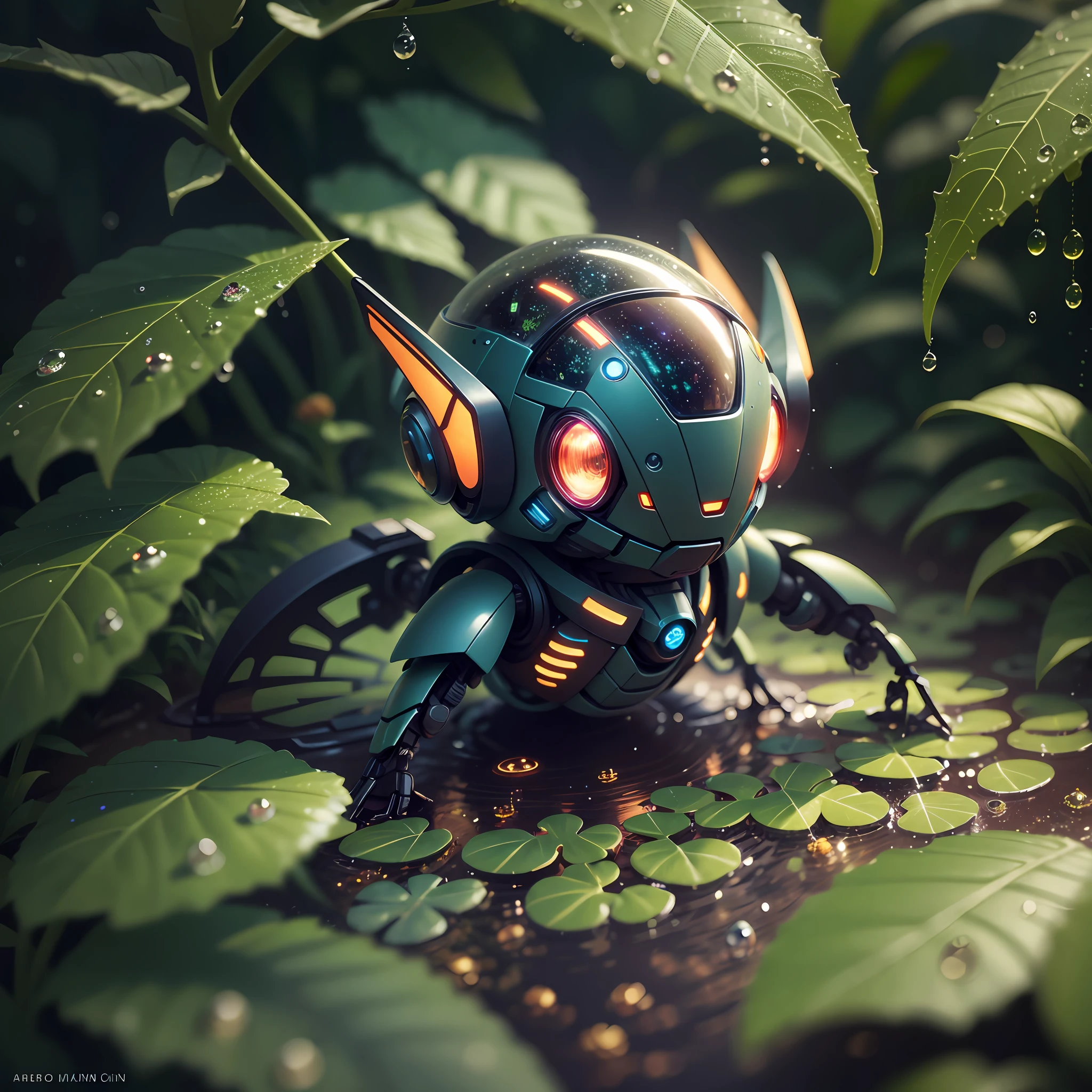 Weird core firefly robot in beautiful macro world, lush plant life, water droplets, environmental lighting effects, ray tracing reflections, high definition, volumetric lighting, complimentary colors --auto --s2