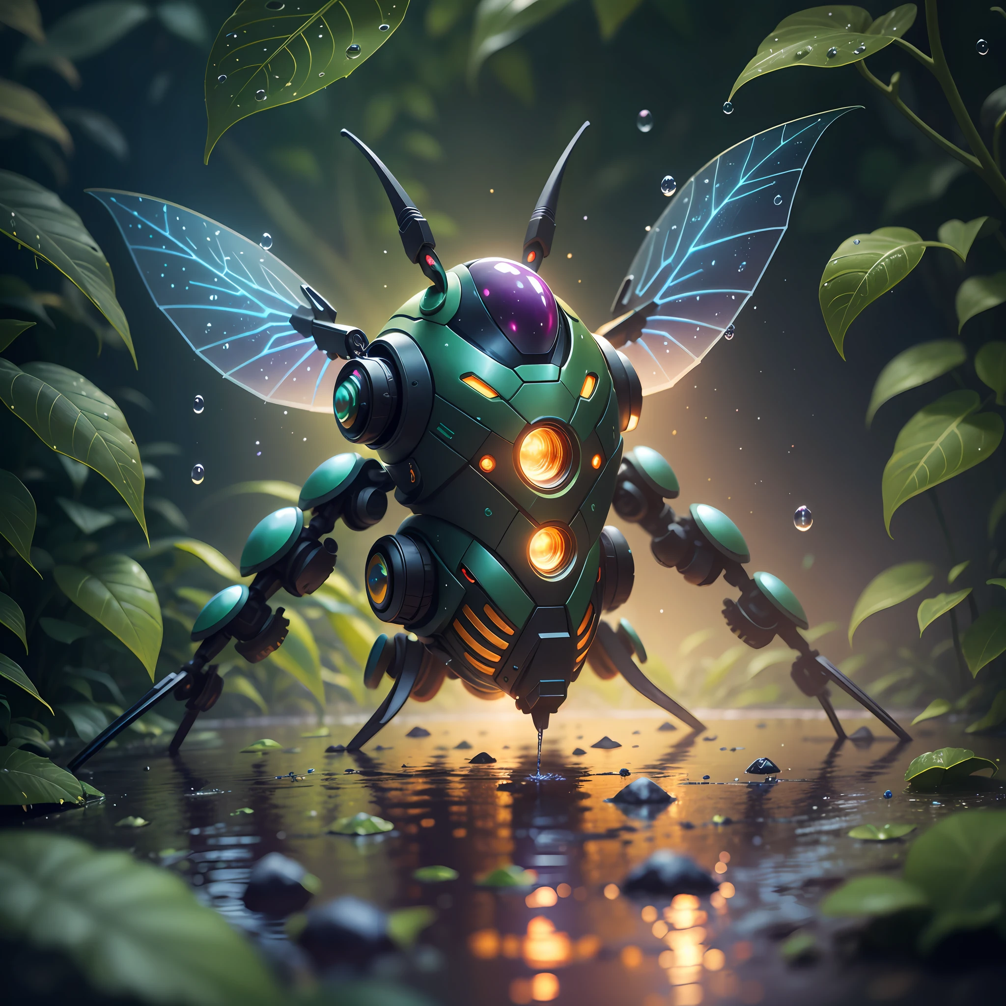 Weird core firefly robot in beautiful macro world, lush plant life, water droplets, environmental lighting effects, ray tracing reflections, high definition, volumetric lighting, complimentary colors --auto --s2