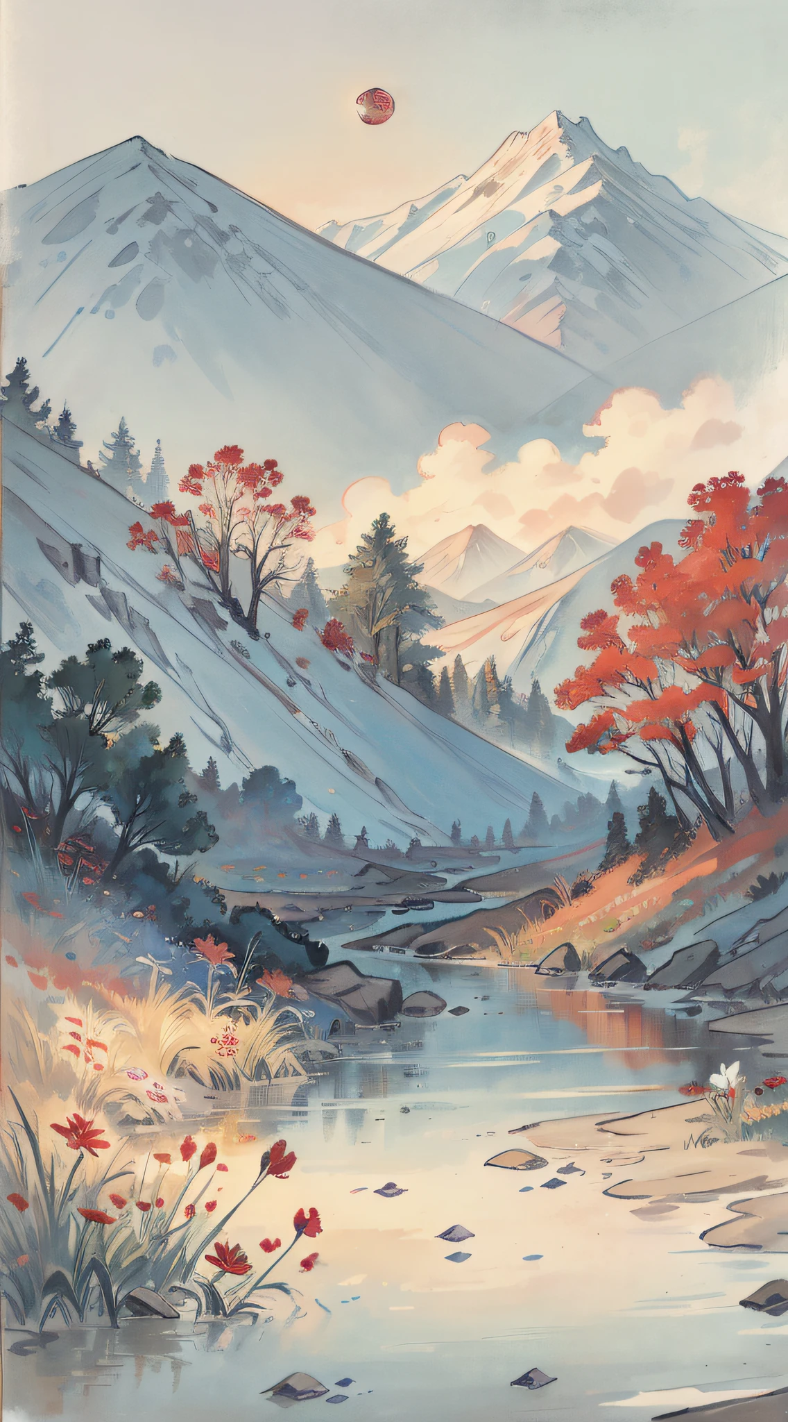 A painting of flowers and birds, the painting is a lot of flowers blooming on the ground, mountains and rivers, woods, hills, a red full moon in the sky, (do not appear figures)