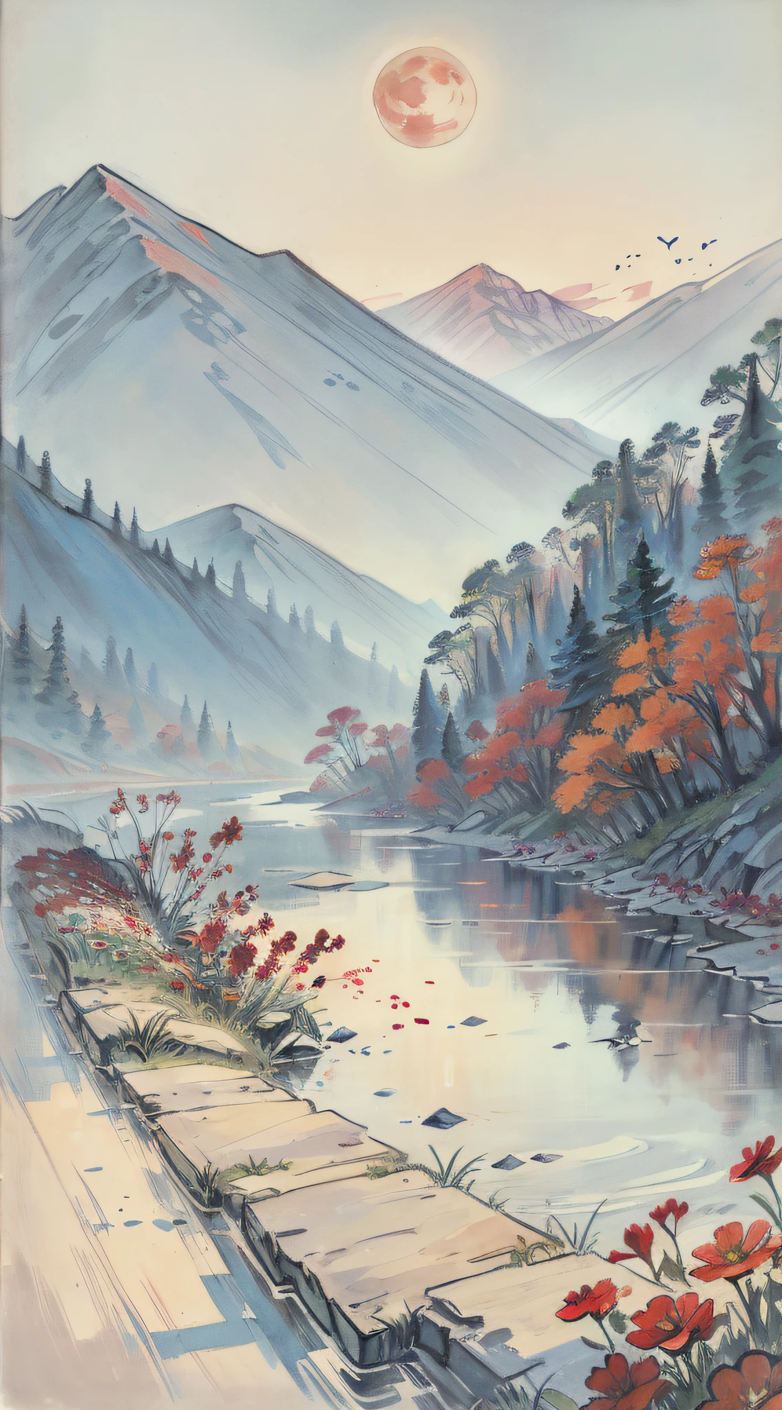 A painting of flowers and birds, the painting is a lot of flowers blooming on the ground, mountains and rivers, woods, hills, a red full moon in the sky, (do not appear figures)