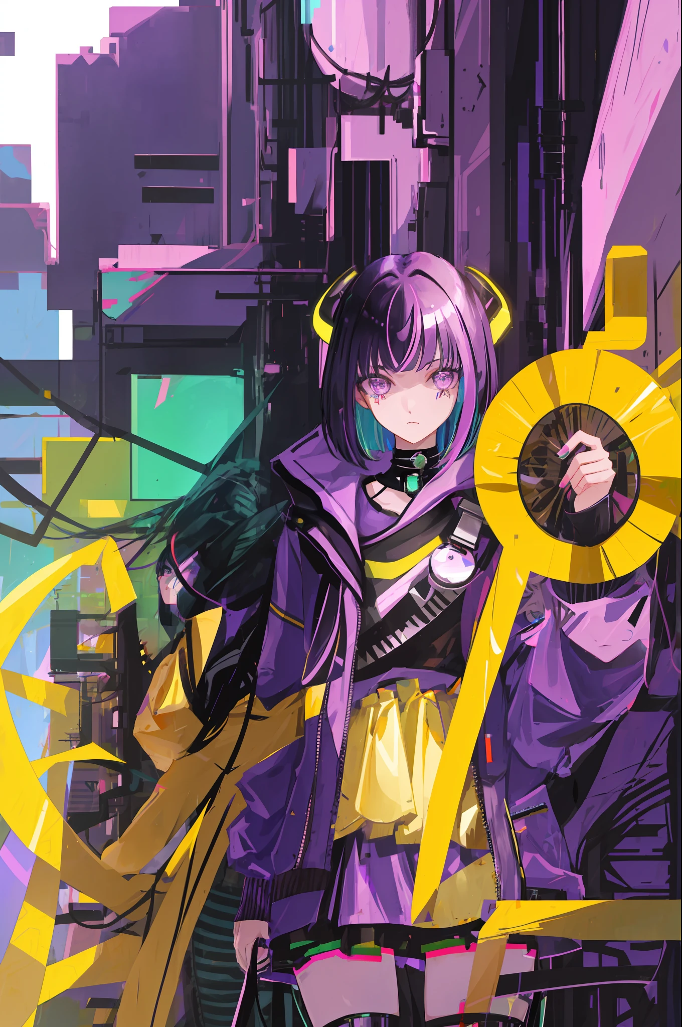 (1 girl), bob hair, black hair, purple eyes, long lashes, big tear bags, colorful image, be sure to use purple and green and yellow, cyberpunk, pop, face up
