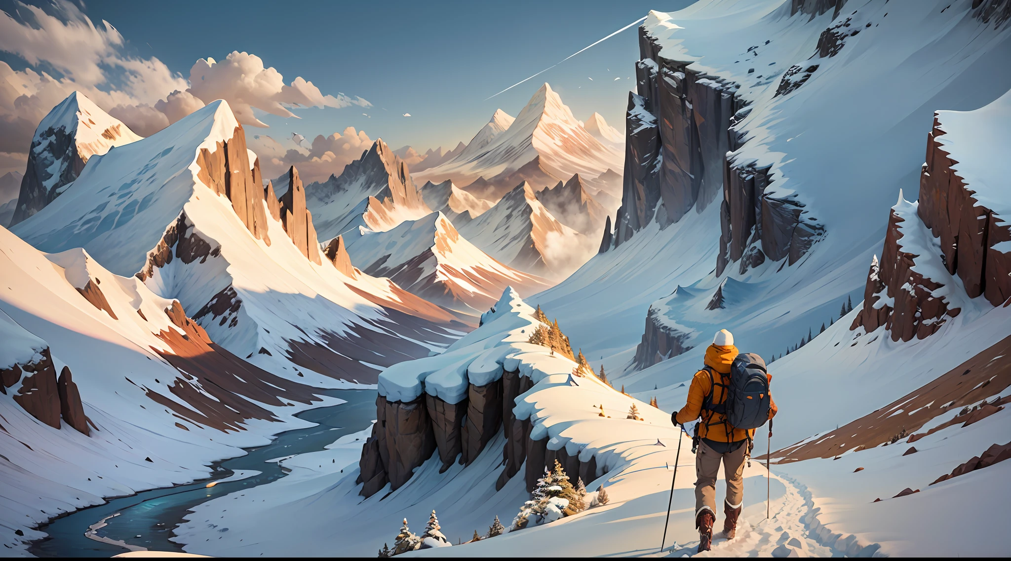 Mountaineer, lost, blizzard, steep mountain slope, confusion, disorientation, compass, map, struggling, treacherous terrain, lack of direction, concept of uncertainty, metaphor for heart failure treatment, unknown goal. --auto --s2