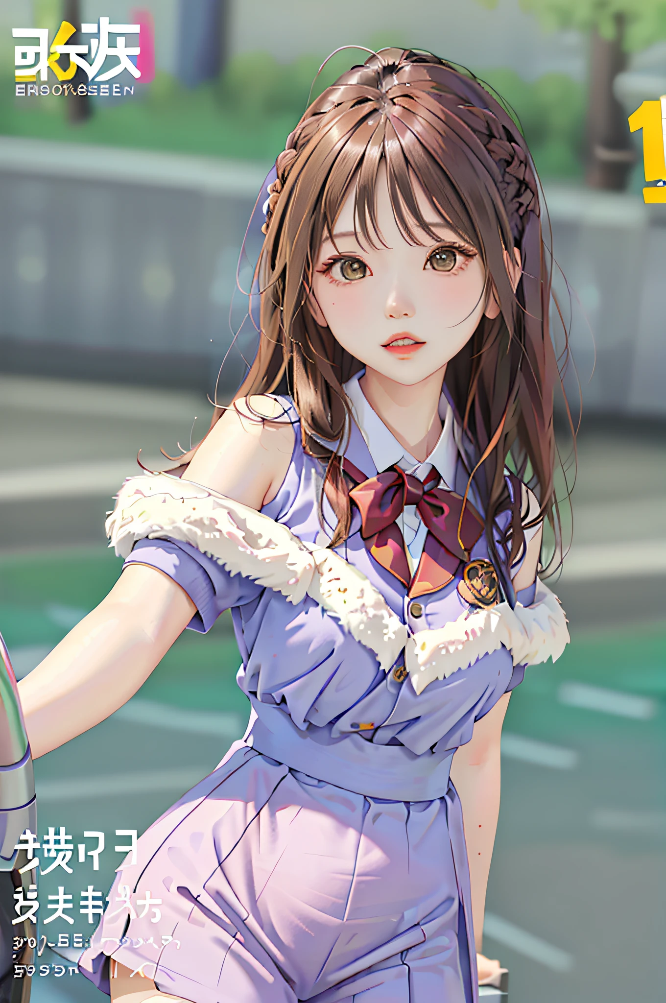 masterpiece, best quality, spring outfit, colorful hair, outdoor, magazine cover ,upper body,