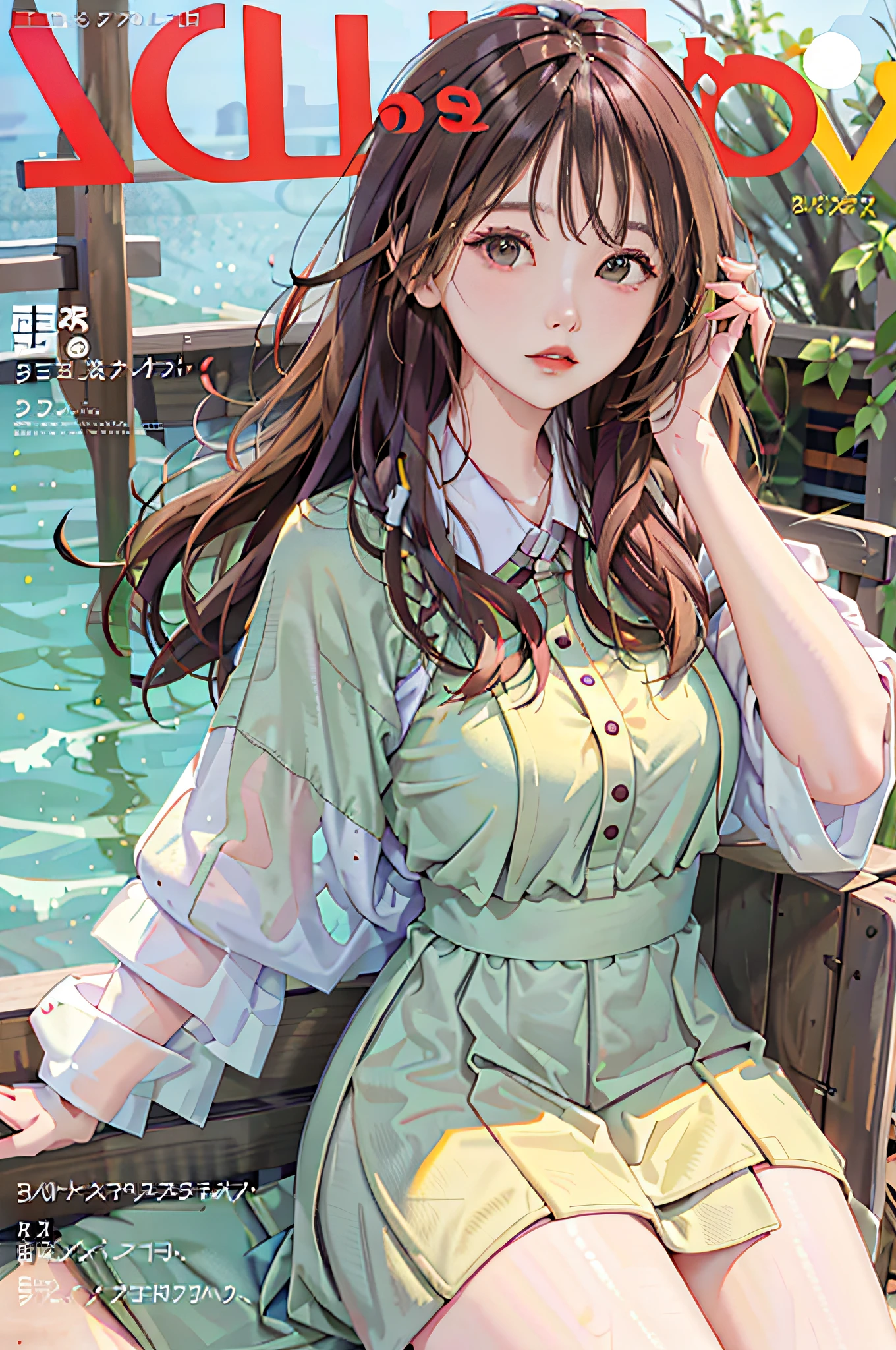 masterpiece, best quality, spring outfit, colorful hair, outdoor, magazine cover ,upper body,