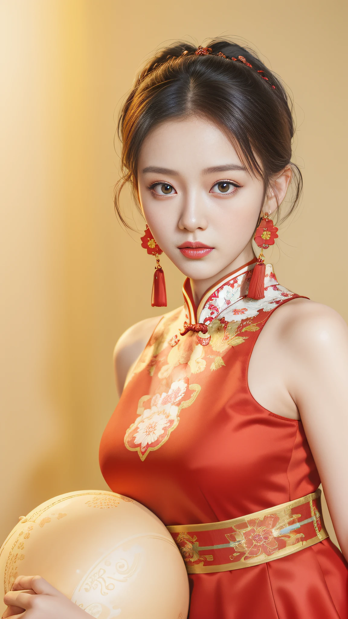 araffe woman in a red dress holding a large ball, wearing a red cheongsam, cheongsam, chinese dress, chinese girl, chinese style, with acient chinese clothes, chinese woman, gorgeous chinese model, soft portrait shot 8 k, inspired by Yanjun Cheng, realistic. cheng yi, chinese costume, inspired by Huang Ji, traditional chinese