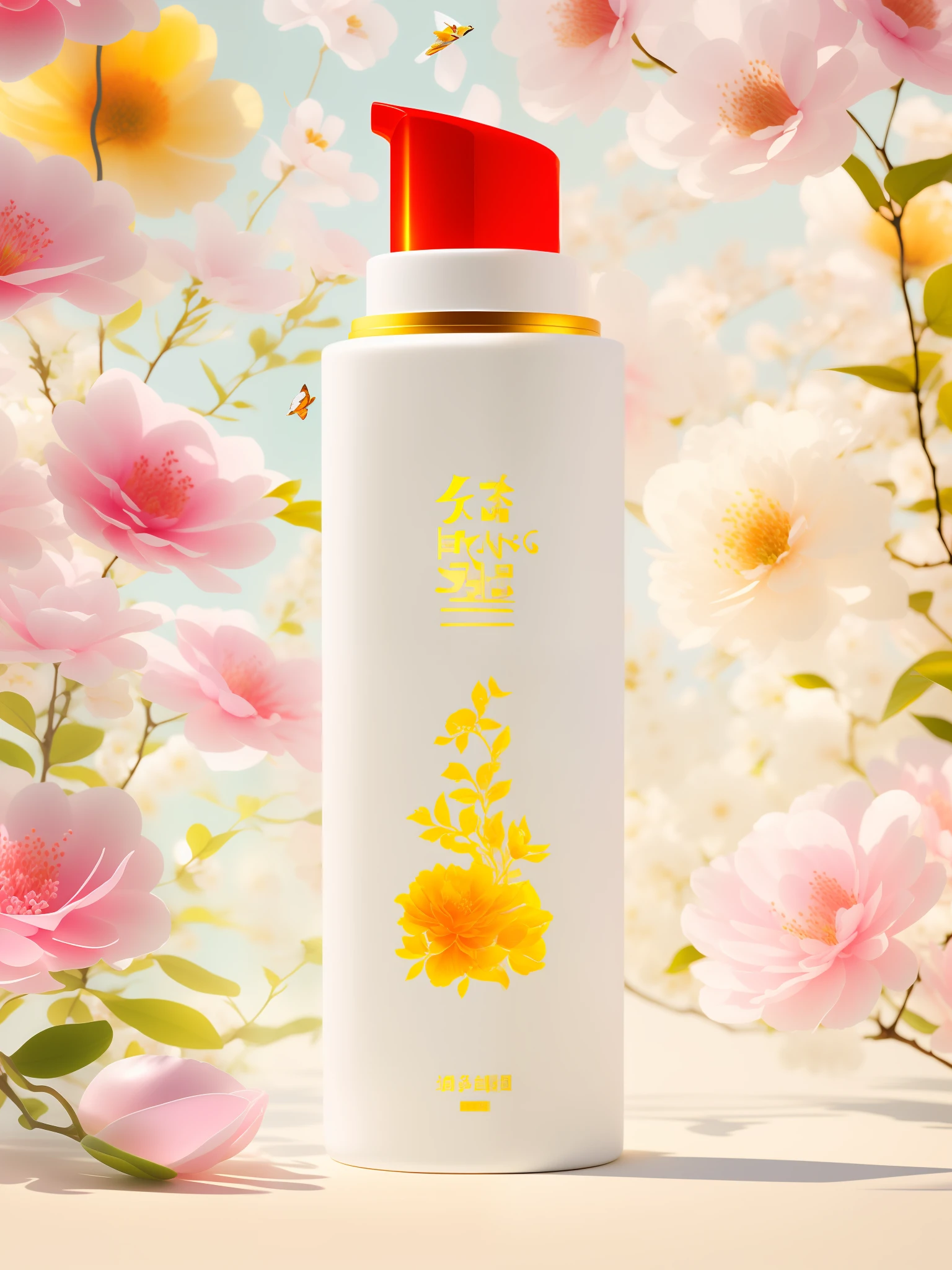 A white bottle, surrounded by flowers and forests. Squirrels jump, plants bloom, warm sunlight spills down, illuminating the daytime beauty, bright colors. , inspired by Luo Mu, inspired by Ma Yuanyu, inspired by Zhiding, inspired by Xiao Yuncong, Jia, inspired by Qiu Ying, author: Qu Leilei, skin care brand photo, inspired by Huang Ji, Lu Ji, Zhongyuan Festival, inspired by Cao Zhibai