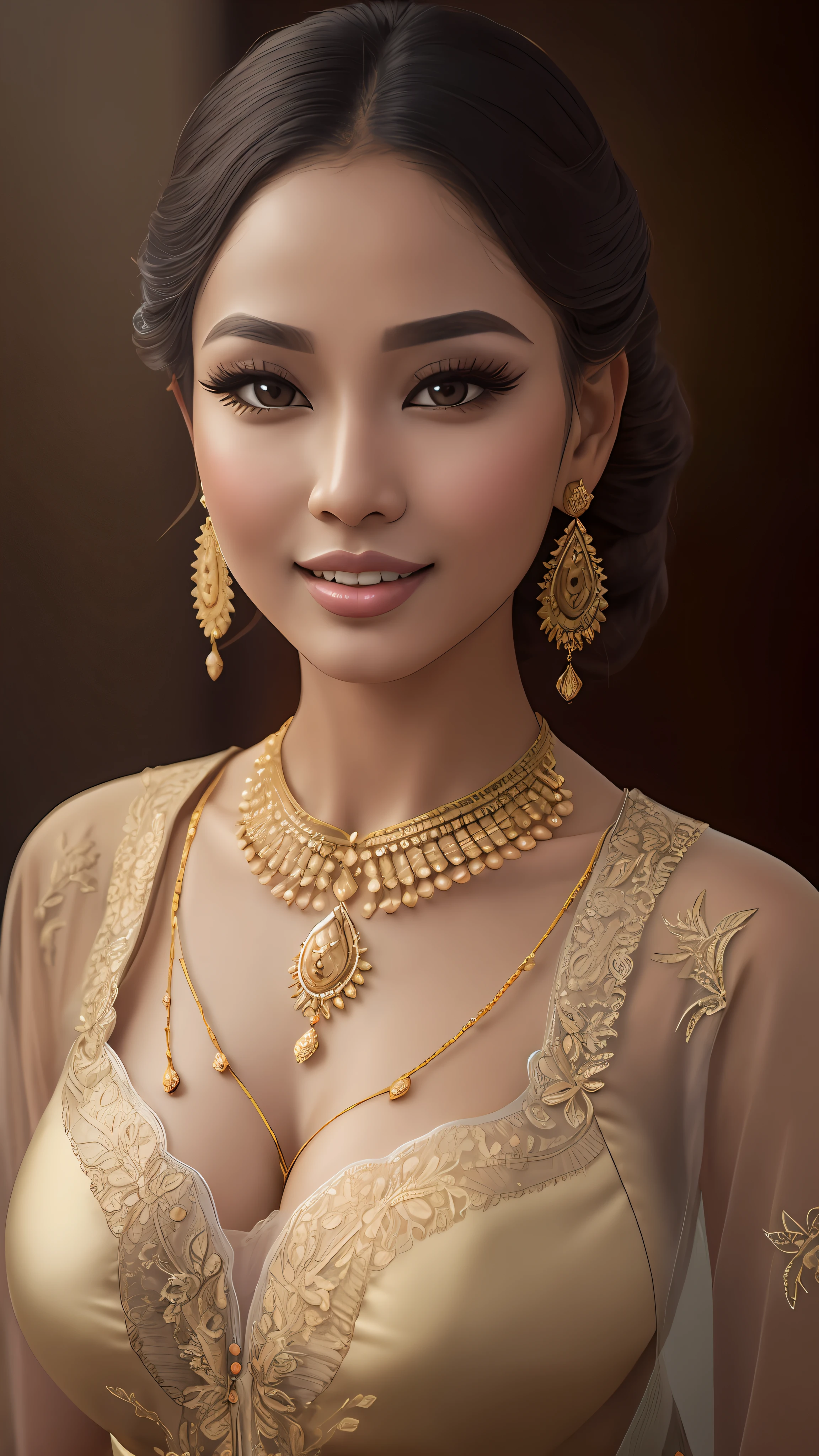 best quality, masterpiece, highres, 1girl, transparent silk lace javanese kebaya, silk robe, medium hair, smile, closed mouth,lips, long dress, necklace, jewelry, javanese clothes, make-up, earrings, detailed beautiful round eyes,Indonesia women, Beautiful face,upon_body, tyndall effect,photorealistic, rim lighting, two tone lighting,(high detailed skin:1.2), 8k uhd, dslr, soft lighting, high quality, volumetric lighting, candid, Photograph, high resolution, 4k, 8k, Bokeh, in home, leaf falling , spring, (gigantic breasts:1.3), black bra