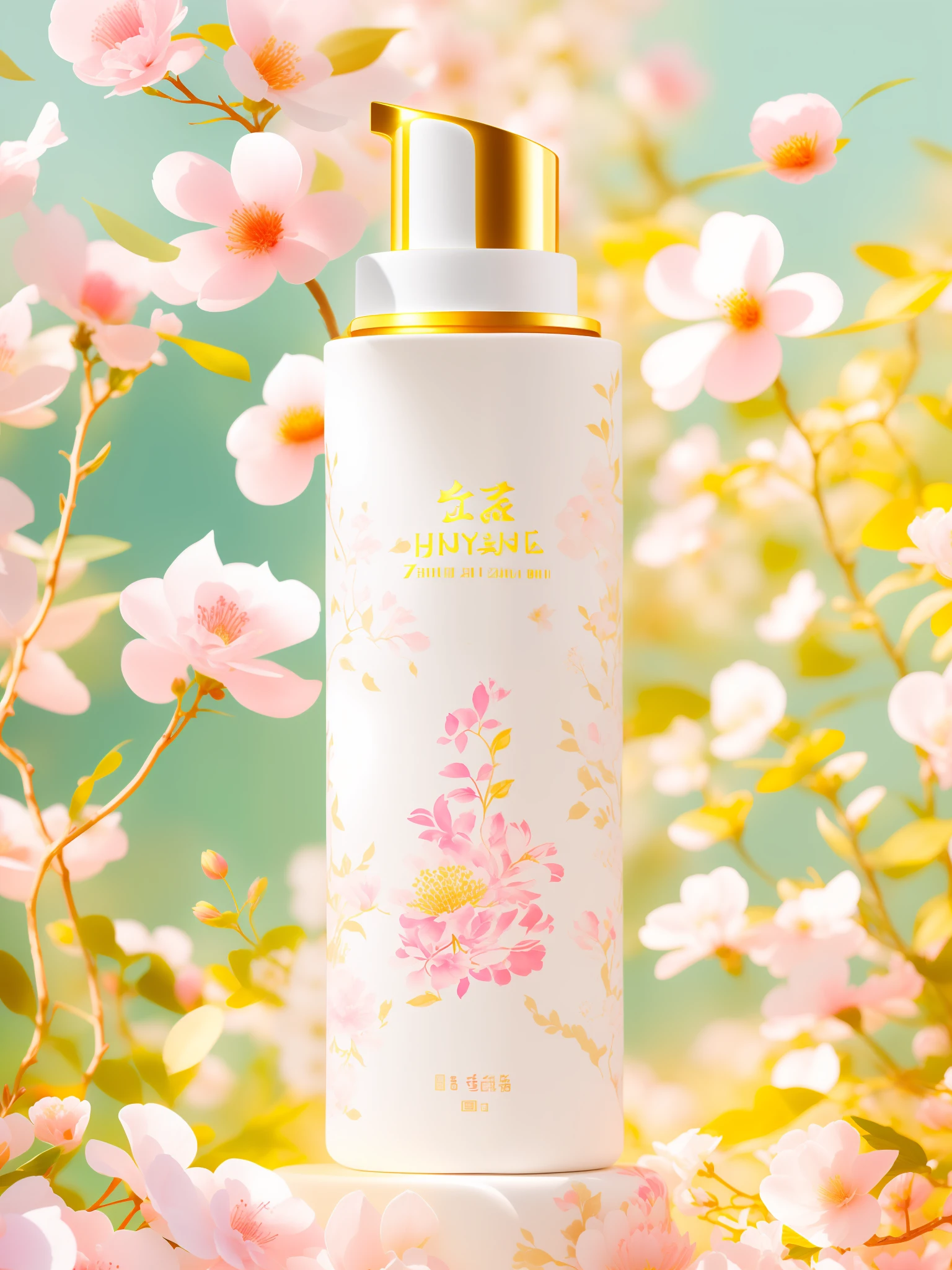 A white bottle, surrounded by flowers and forests. Squirrels jump, plants bloom, warm sunlight spills down, illuminating the daytime beauty, bright colors. , inspired by Luo Mu, inspired by Ma Yuanyu, inspired by Zhiding, inspired by Xiao Yuncong, Jia, inspired by Qiu Ying, author: Qu Leilei, skin care brand photo, inspired by Huang Ji, Lu Ji, Zhongyuan Festival, inspired by Cao Zhibai
