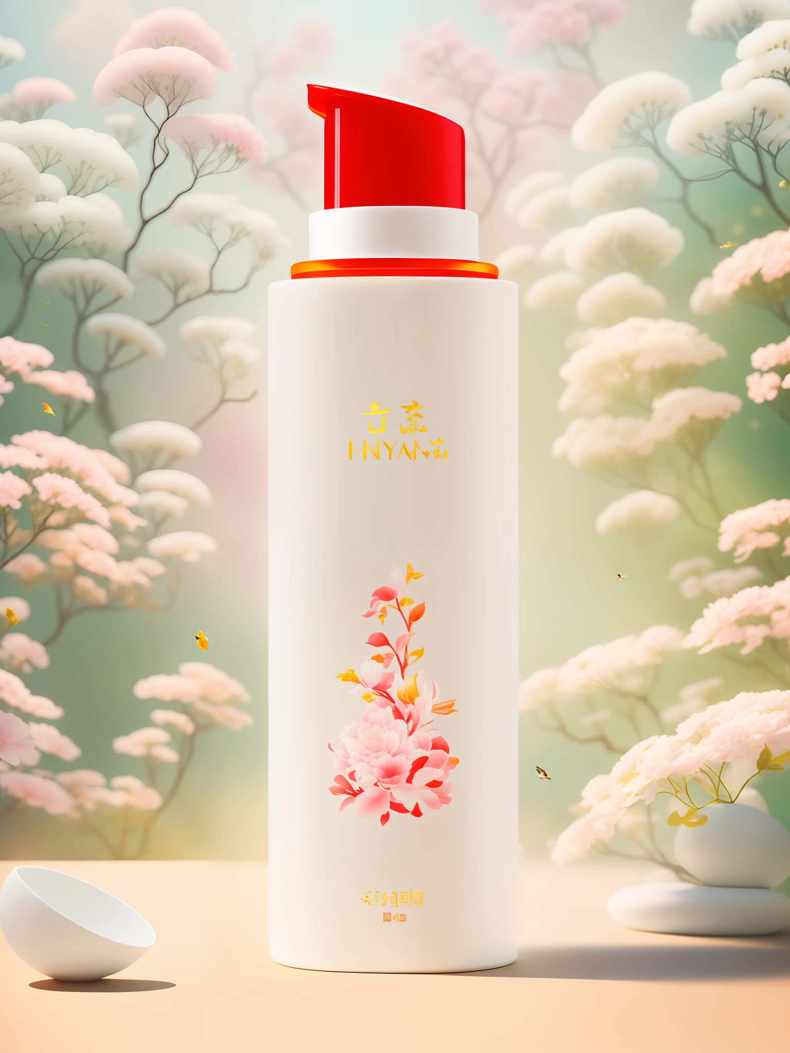 A white bottle, surrounded by flowers and forests. Squirrels jump, plants bloom, warm sunlight spills down, illuminating the daytime beauty, bright colors. , inspired by Luo Mu, inspired by Ma Yuanyu, inspired by Zhiding, inspired by Xiao Yuncong, Jia, inspired by Qiu Ying, author: Qu Leilei, skin care brand photo, inspired by Huang Ji, Lu Ji, Zhongyuan Festival, inspired by Cao Zhibai