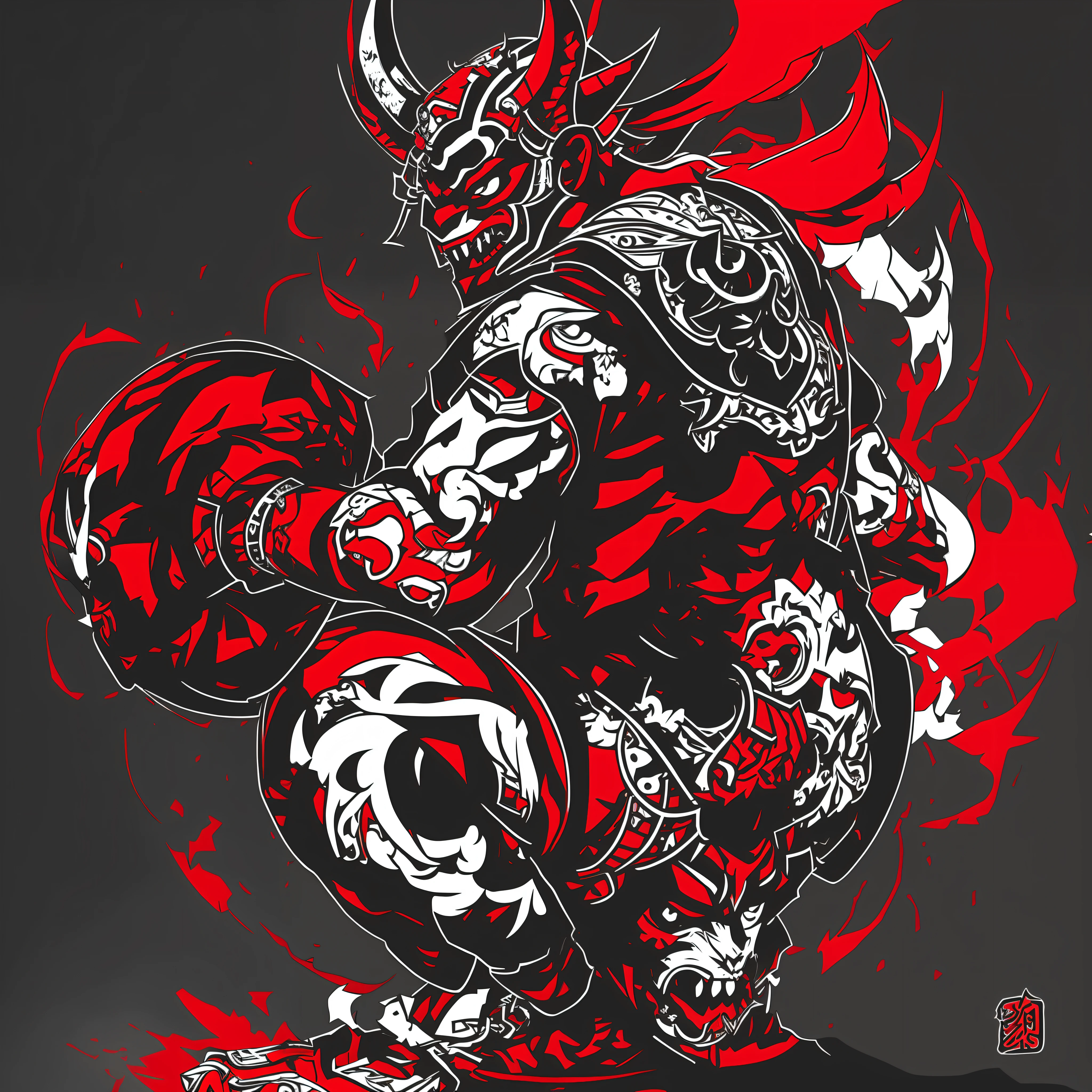 a close up of a person with a helmet and a sword, black bull samurai, demon samurai, moon bull samurai, demon samurai warrior, red demon armor, villain wearing a red oni mask, oni horns, demon berserker, high detailed official artwork, oni, mika kurai demon, demon armor, samurai chains ink undead, cyborg samurai, fat ripped satanic creature