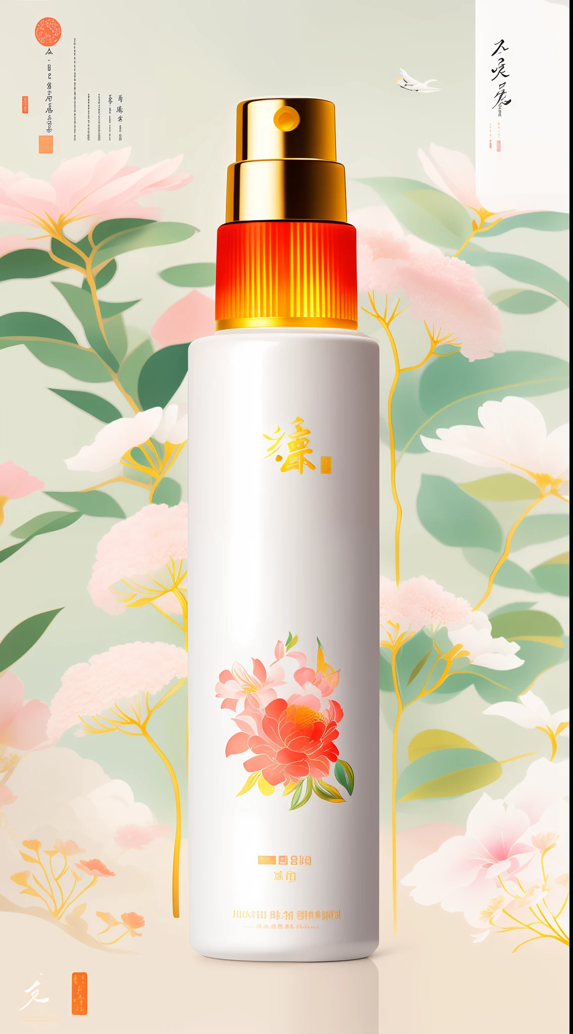 A white bottle, surrounded by flowers and forests. Squirrels jump, plants bloom, warm sunlight spills down, illuminating the daytime beauty, bright colors. , inspired by Luo Mu, inspired by Ma Yuanyu, inspired by Zhiding, inspired by Xiao Yuncong, Jia, inspired by Qiu Ying, author: Qu Leilei, skin care brand photo, inspired by Huang Ji, Lu Ji, Zhongyuan Festival, inspired by Cao Zhibai