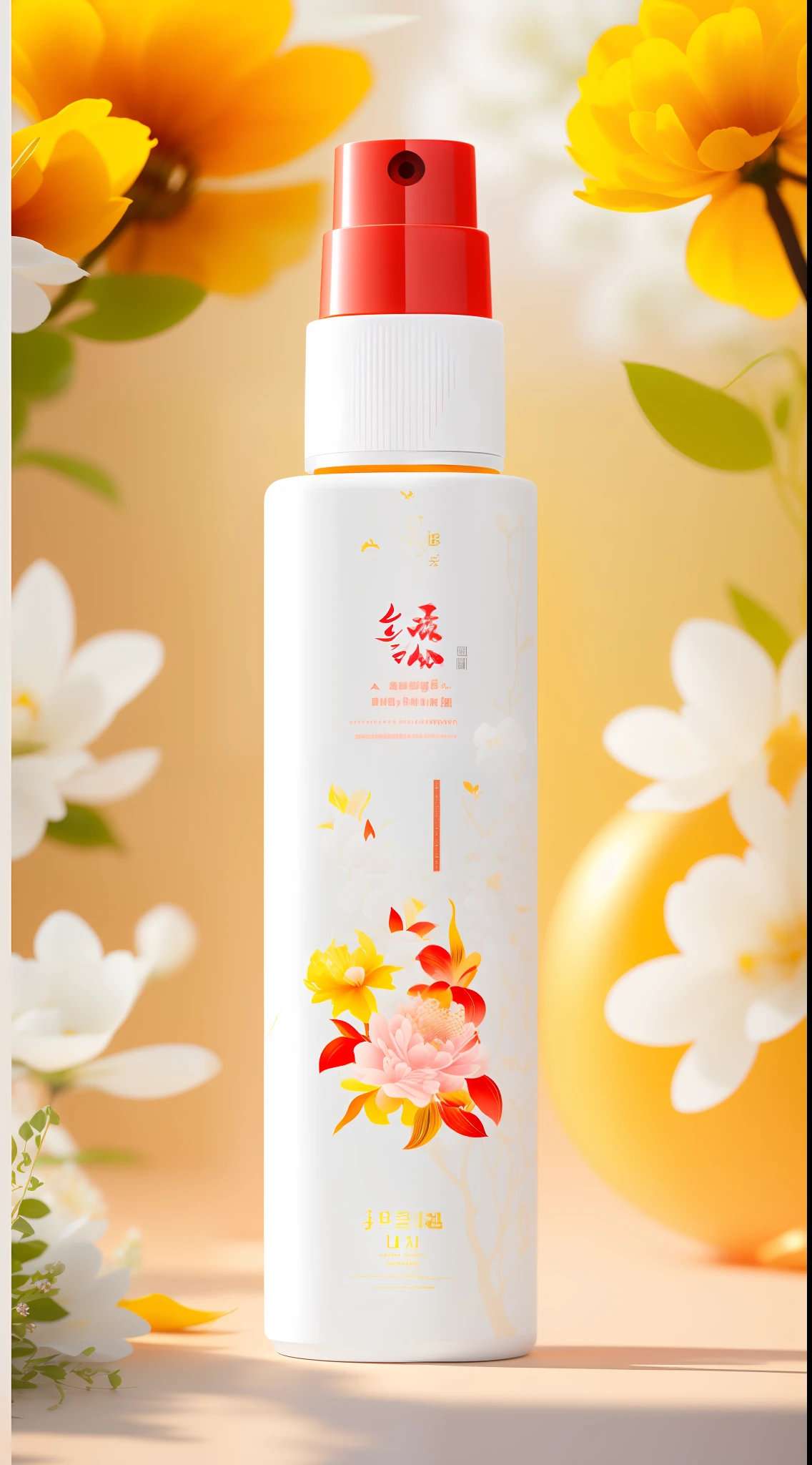 A white bottle, surrounded by flowers and forests. Squirrels jump, plants bloom, warm sunlight spills down, illuminating the daytime beauty, bright colors. , inspired by Luo Mu, inspired by Ma Yuanyu, inspired by Zhiding, inspired by Xiao Yuncong, Jia, inspired by Qiu Ying, author: Qu Leilei, skin care brand photo, inspired by Huang Ji, Lu Ji, Zhongyuan Festival, inspired by Cao Zhibai