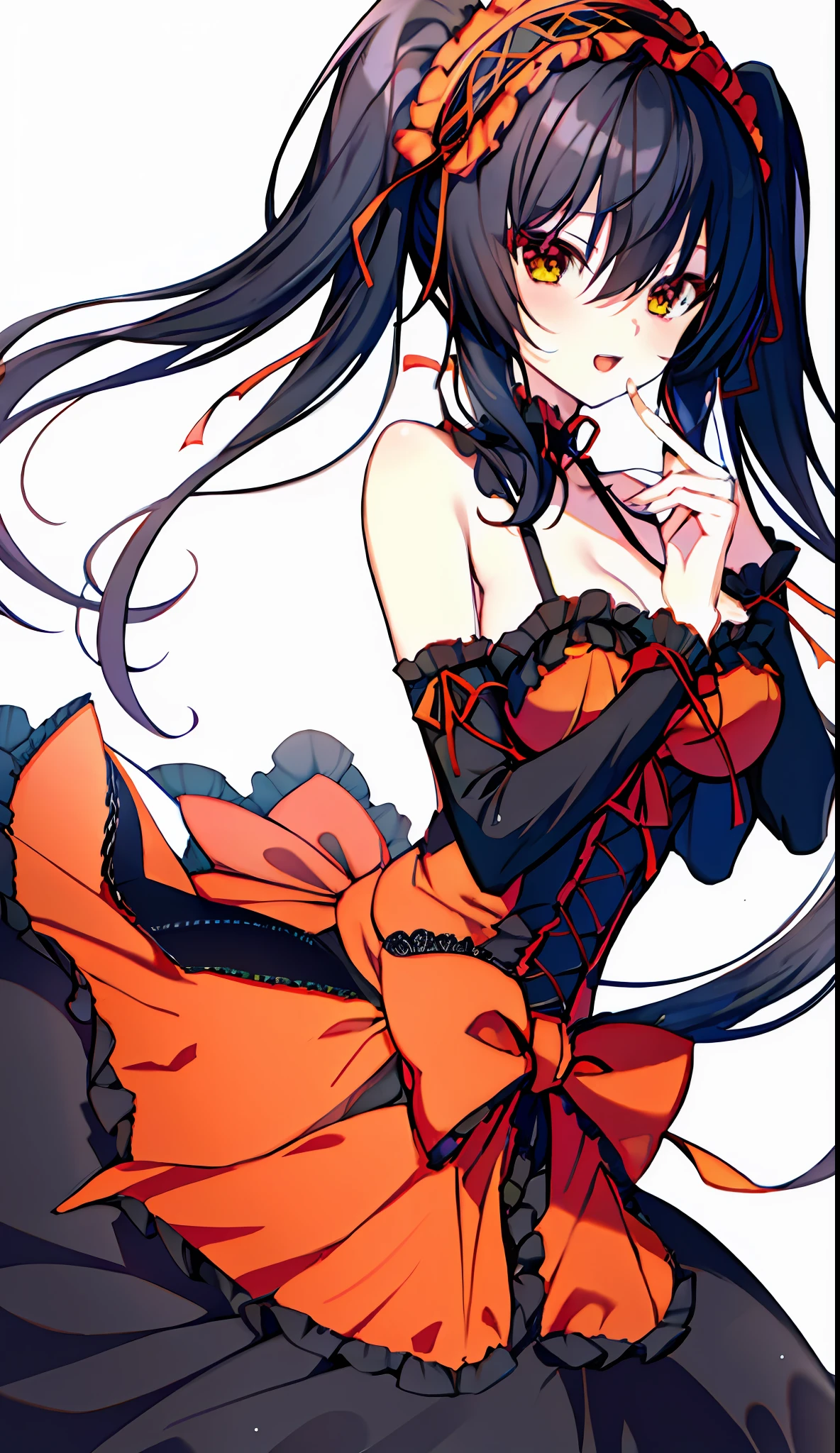 18 year old beautiful girl, masterpiece, top quality, 8K anime, 1 girl, detailed fingers, precise fingers, not unnatural hands, odd eyes, black hair twin tails, kurumi tokizaki, large breasts,