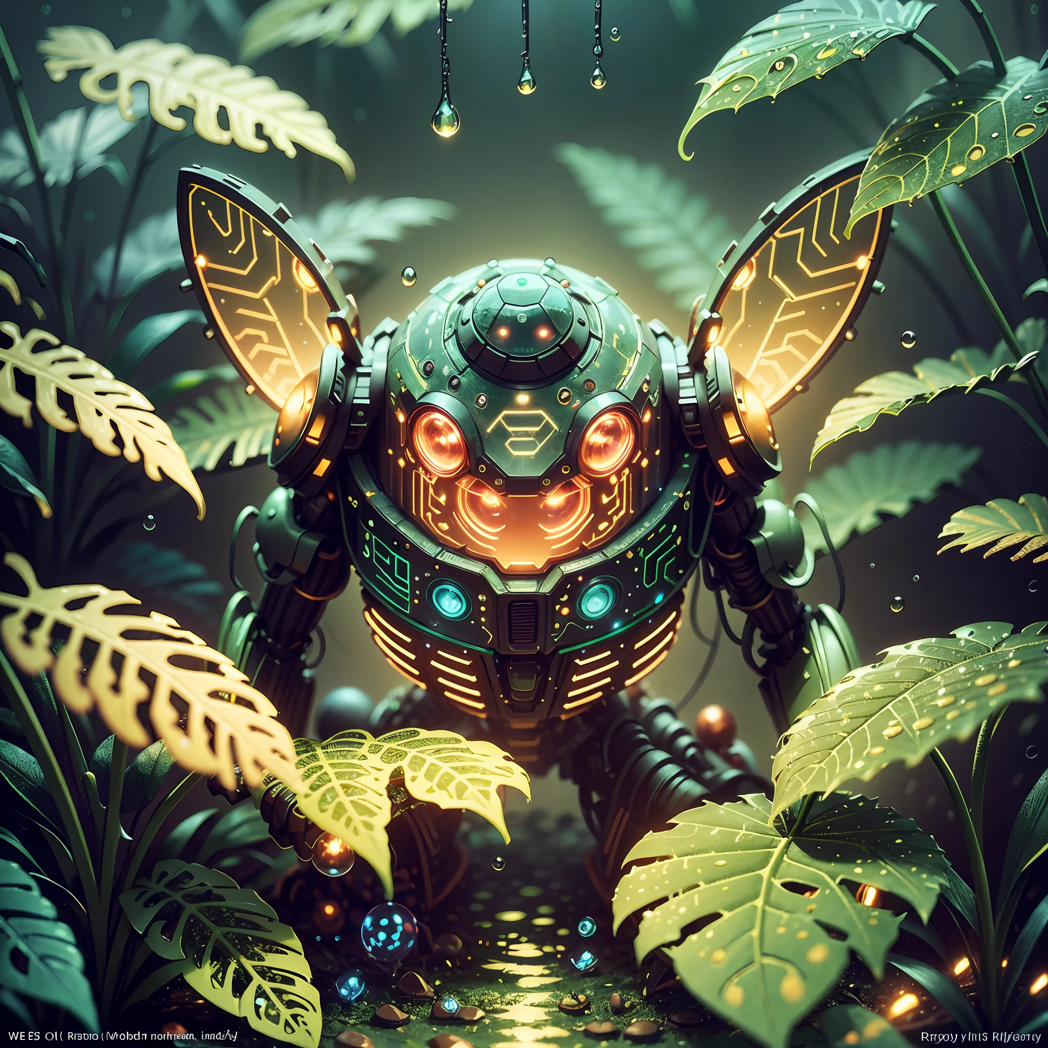 Weird core firefly robot in beautiful macro world, lush plant life, water droplets, environmental lighting effects, ray tracing reflections, high definition, volumetric lighting, complimentary colors --auto --s2