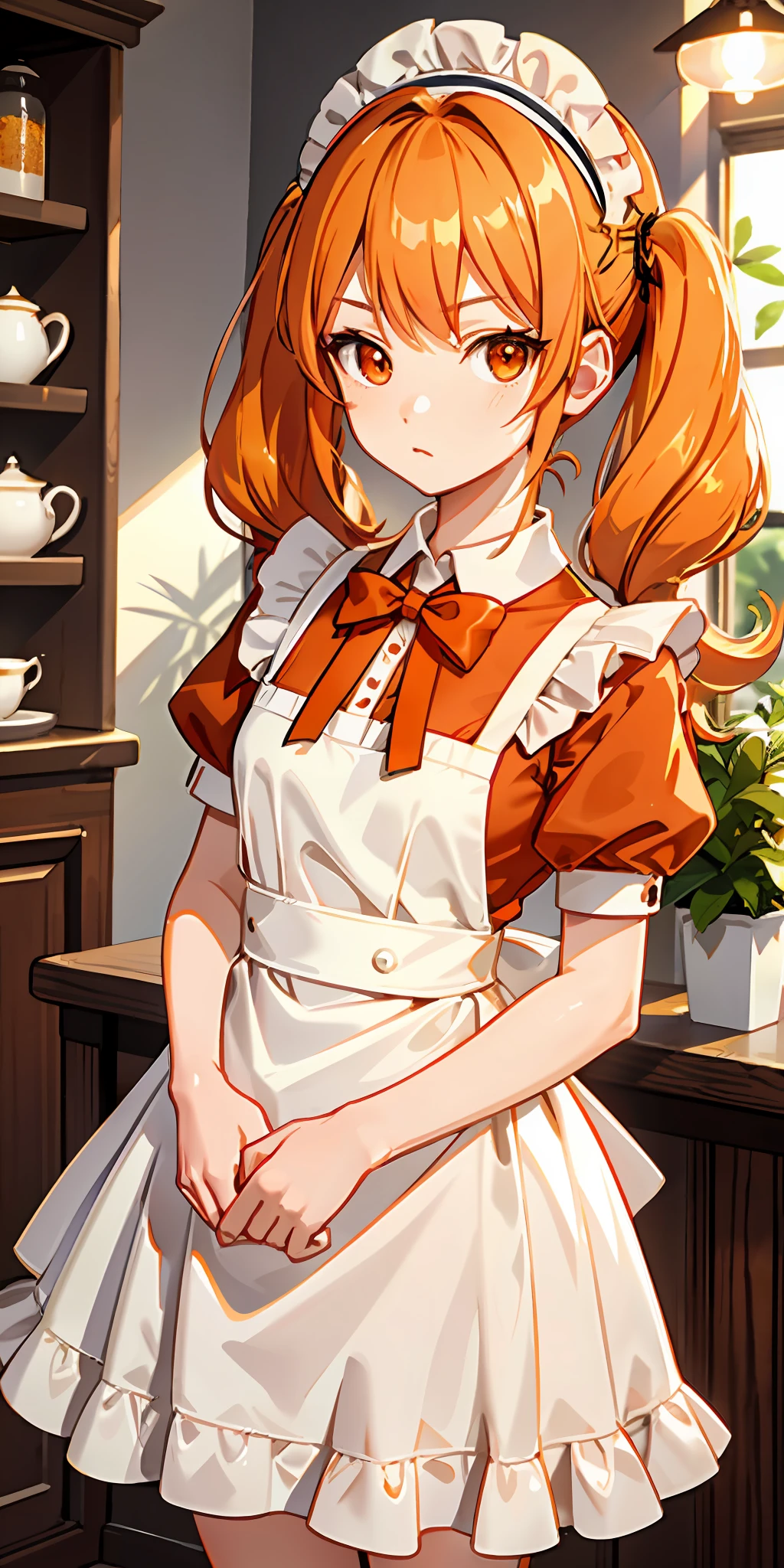 Working in a coffee shop, Age: 16, Hairstyle: Twintails, Hair color: Orange, Eye color: pale brown, Calm face, Big eyes, Height: 150cm, Body type: slender, Breast size: Small, ((orange maid clothes)), white apron, white ruffles