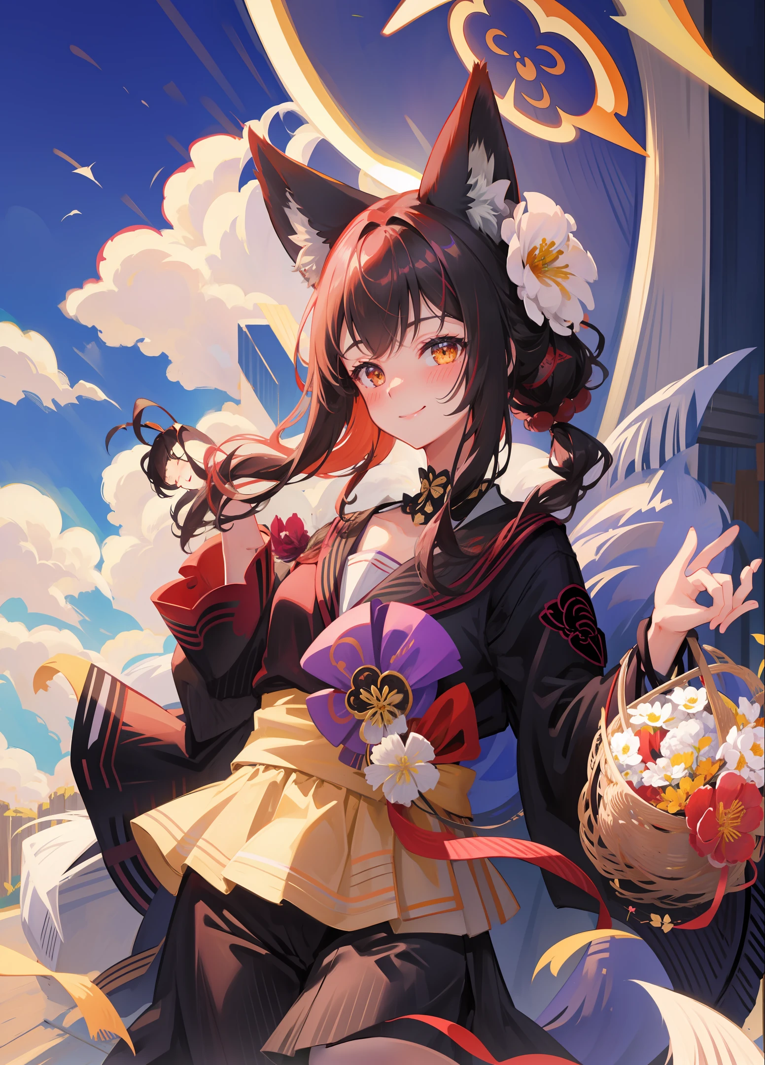 masterpiece,highres,breasts, fox tail,  1girl,animal_ears,smile, looking_at_viewer, blush,  hair_flower, flower,black hair, japanese clothes, simple background,