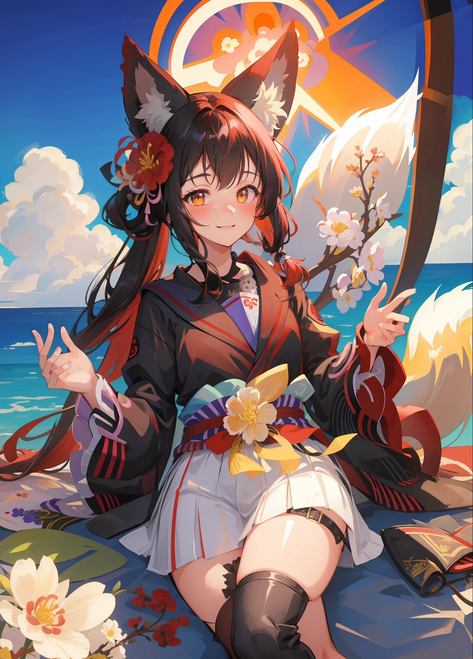 masterpiece,highres,breasts, fox tail, 1girl,animal_ears,smile, looking_at_viewer, blush, hair_flower, flower,black hair, japanese clothes, simple background,