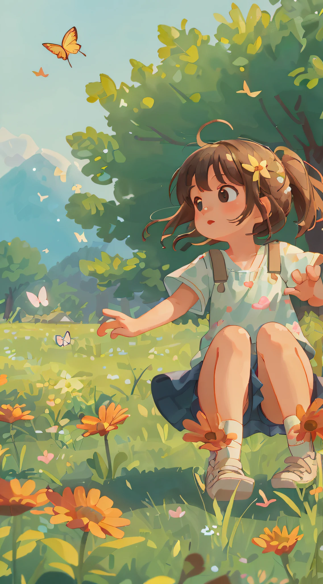 High Detail, Ultra Detail, Ultra High Resolution A cute and innocent girl, , toddler, enjoying her time in the open field, surrounded by the beauty of nature, warm sun sprinkling on her, wildflowers gently swaying in the breeze. Buttees and birds flutter around her, adding to the playful atmosphere