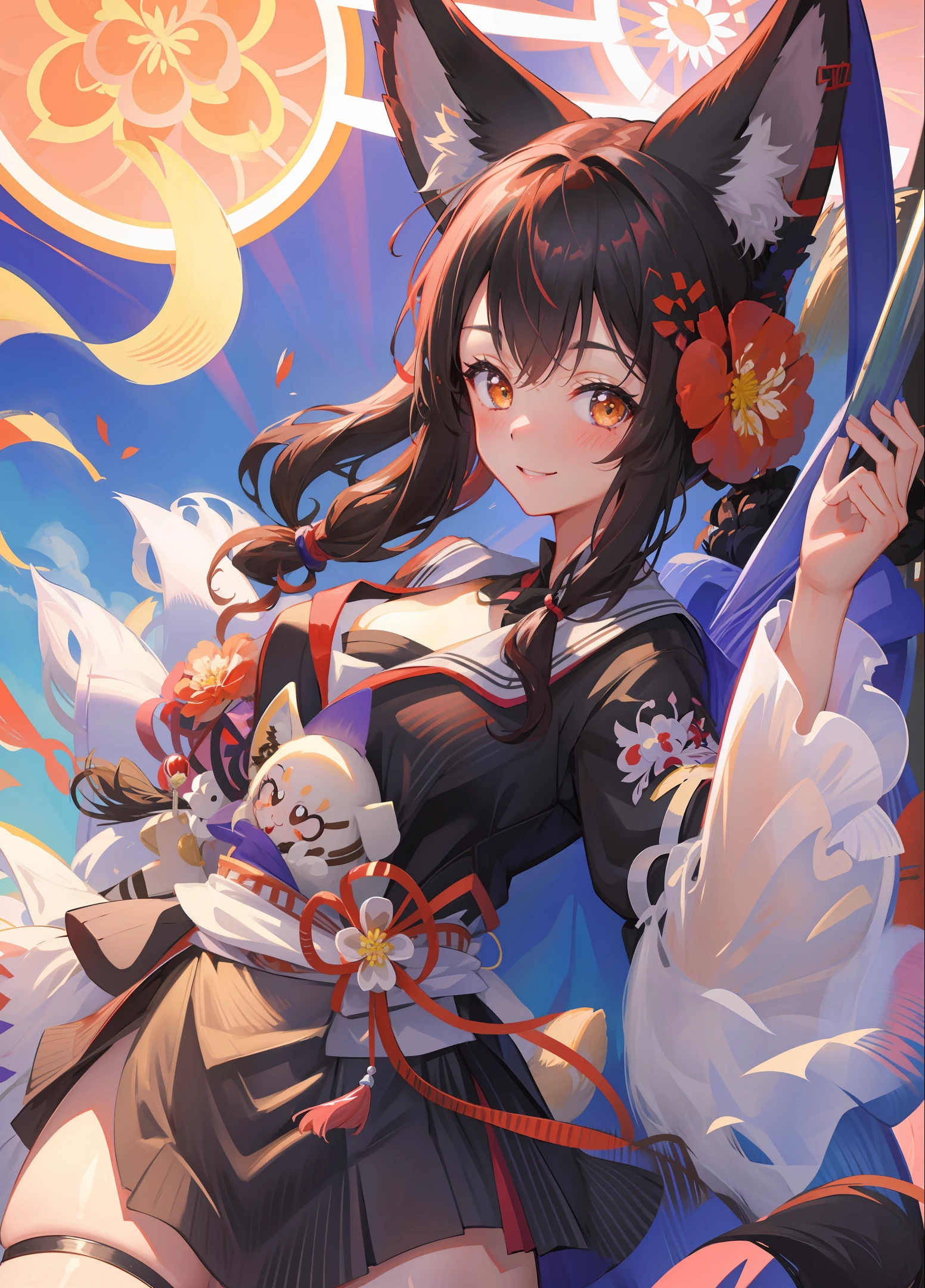 masterpiece,highres,breasts, fox tail, 1girl,animal_ears,smile, looking_at_viewer, blush, hair_flower, flower,black hair, japanese clothes, simple background,