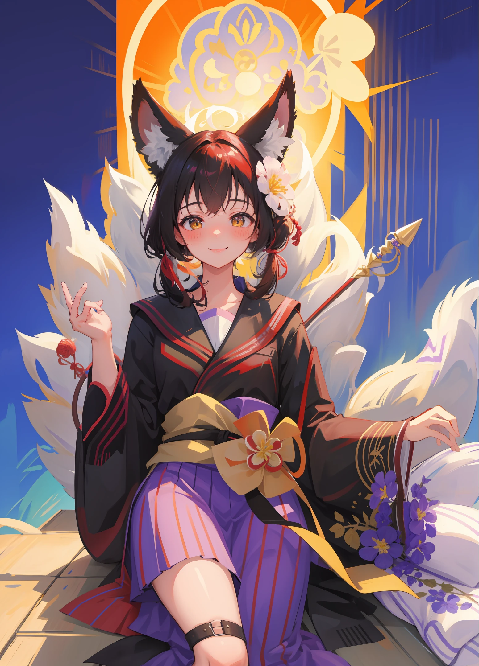 masterpiece,highres,breasts, fox tail, 1girl,animal_ears,smile, looking_at_viewer, blush, hair_flower, flower,black hair, japanese clothes, simple background,