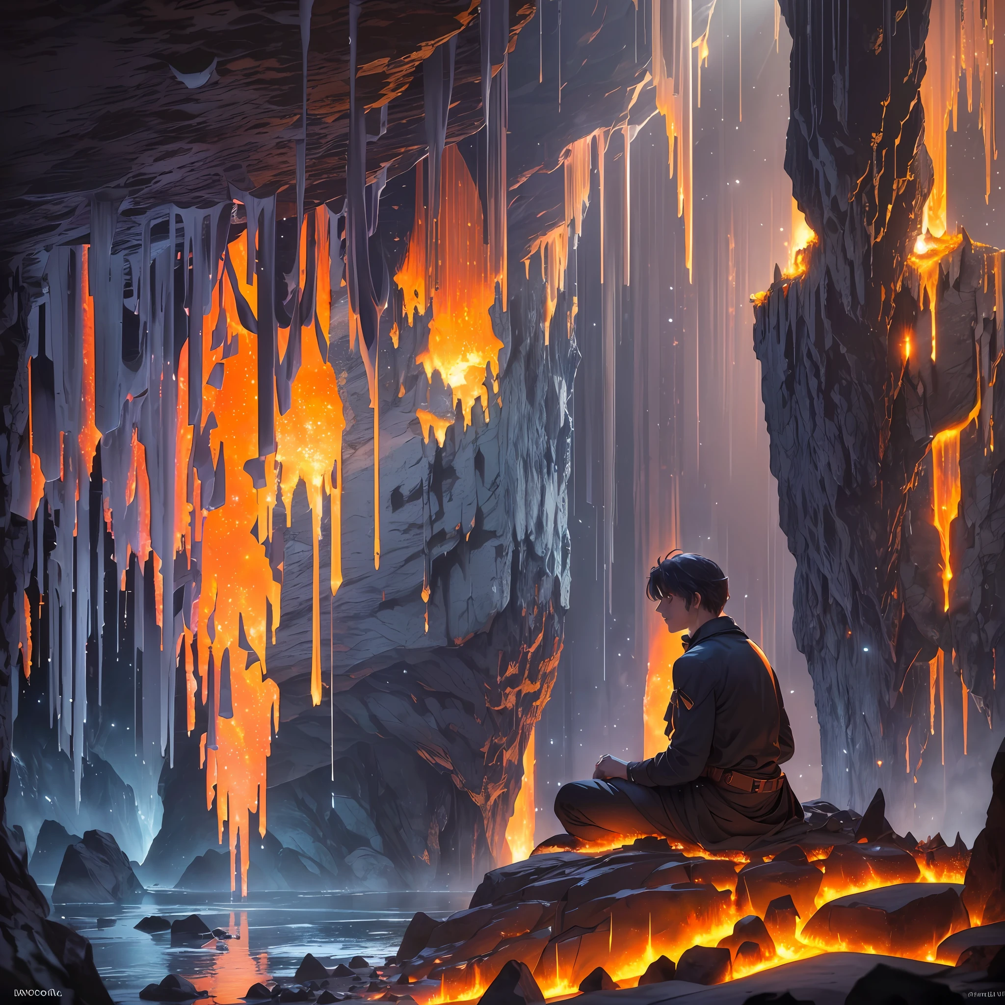 extensive landscape photography (bottom view, which shows the vault of the cave, (detailed description of the cave), stalactites (detailed), stalagmites (detailed), as well as helicates (detailed), lake (detailed), lava, below), solo, gray-haired guy in a shirt and trousers (1: 4), (ultra-detailed description of appearance( standing on a stone ledge and looking down (lake of fire: 1.2), (falling stones: 0.9), (fire: 1.3), crystals, stones, lava, cave BREAK production art, (Cold Light Source:1.2), (Firefly:1.2), Fire Particles, Lots of Dark, Red, Yellow and Orange, Complex Details, Volumetric Lighting, BREAK Realism (Masterpiece:1.2), (Best Quality), 4k, Ultra Detailed, (Dynamic Composition: 1.4), High Detailed, Colorful Details, (Gloomy Colors: 1.2), (Luminous Lighting, Atmospheric Lighting), Gloomy, Magical, (Solo: 1.2) --auto --s2