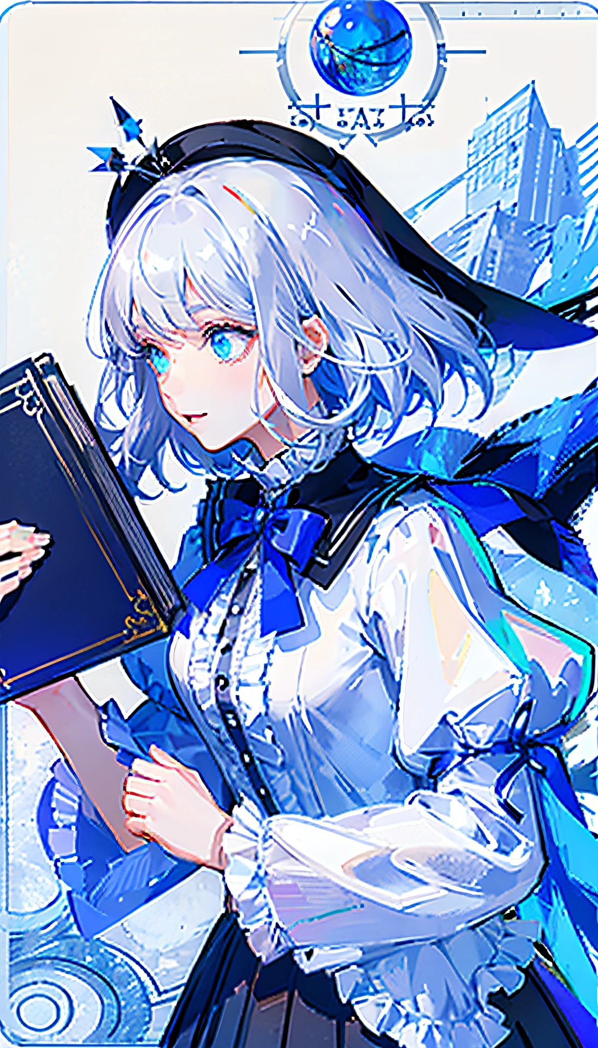 (highest quality), (Master Word Decoration D), ((1girl)))solo, long white hair, blue eyes, (laughter), best quality, fine detail, masterpiece, (magic book: 1.4), (ultra-detailed), (detailed eye description: 1.2), (floating wind: 1.4), (tarot border: 1.4), (close-up: 1.2), (side-view: 1.3), ( Chaotic geometry image: 1.2), (negative space: 0.6), (drawing board: 1.3), (giant crystal ball and stars behind: 1.5), (ether color ink flow: 1.3), (library shelf background: 1.8)), large top sleeves, ((frills)), hair_ornament, blue ribbons, bowties, buttons, (((middle breast))), (white pleated skirt: 1.2), ( (sharp focus), ((masterpiece), ((best quality)), (extremely etailed), hdr, white hair, ((Magus)), (upper body: 1.4), (audience: 1.5)