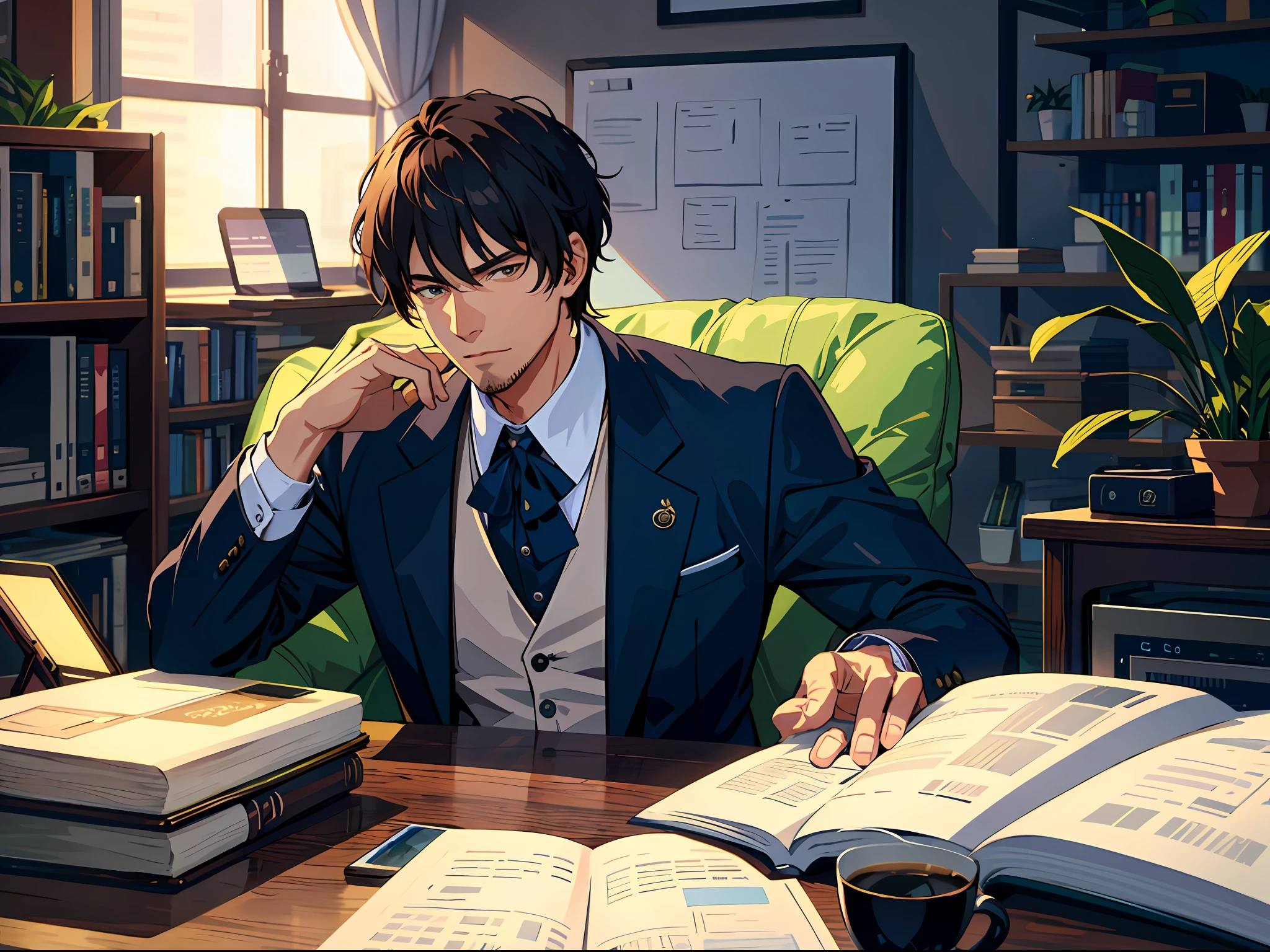High resolution, highest quality, illustrations, super detail, a heroic middle-aged entrepreneur is sitting in a luxurious office with an incredible expression on his face