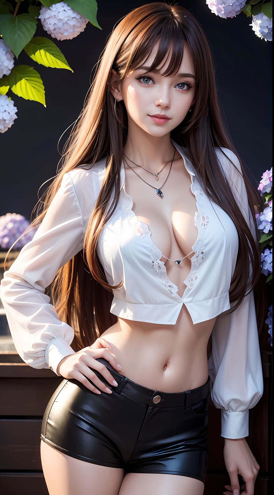 4k, June scenery, Beautiful woman, long hair, brown hair, medium breasts, blue eyes, seductive smile, white cavalier blouse, black hot pants, neon red heart necklace, looking at viewer, night, colorful hydrangea, black light