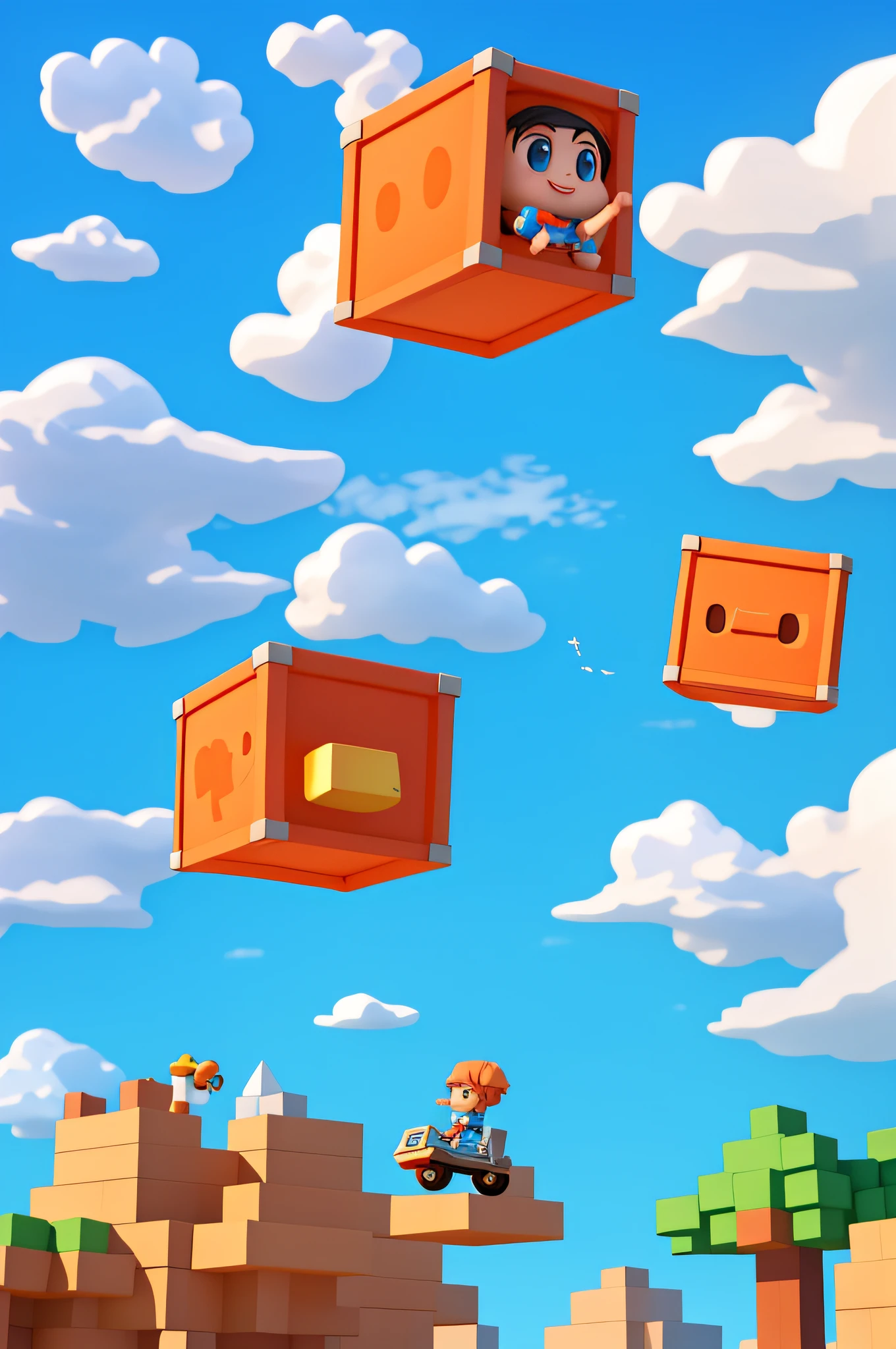 Poster, background blue sky white cloud Pixar style, 3D, an orange cute metal texture minecart flying in the air, cute children driving minecarts, cartoons cute, a lot of details, front and rear space sense is obvious, the picture should have impact