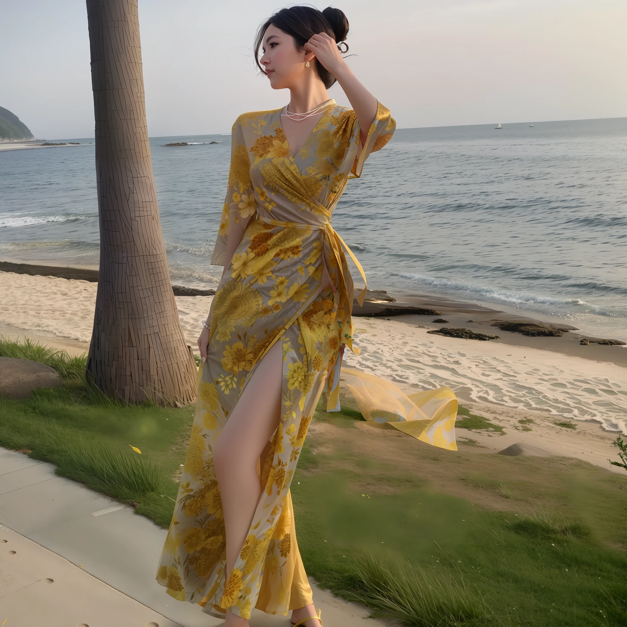 araffe woman in a yellow dress walking on a sidewalk near the ocean, yellow ornate dress, full length view, femme, silk dress, lady using yellow dress, kimono, long beautiful flowing kimono, wearing a long flowery dress, with yellow cloths, wearing wheat yellow gauze, wearing a flowing dress, flowing dress, 🤬 🤮 💕 🎀