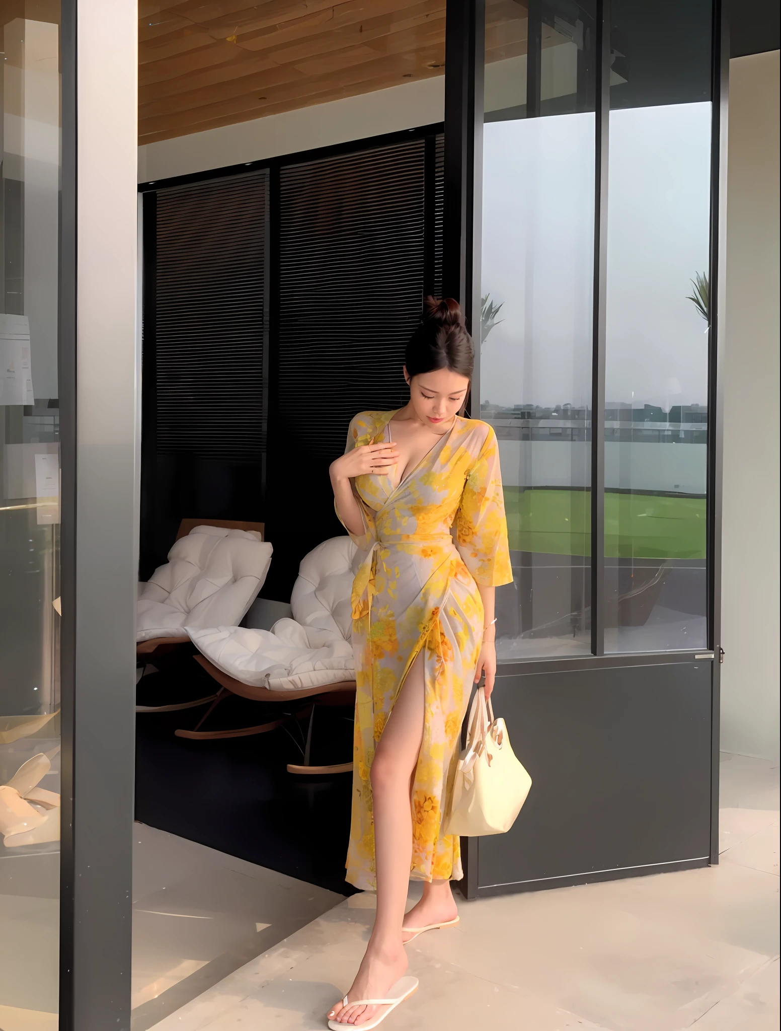 woman in yellow dress standing outside of a glass building, lady using yellow dress, light half opened dress, wearing wheat yellow gauze, yellow ornate dress, with yellow cloths, gorgeous lady, soft silk dress, 2 0 2 0 fashion, kimono, 🤬 🤮 💕 🎀, wearing a long dress, long dress, wearing a long flowery dress