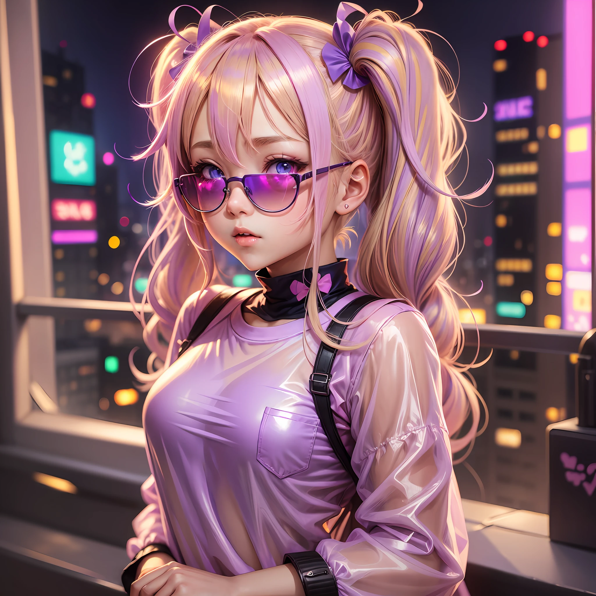 Cute anime girl blonde hair pig tails with violet colored eyes wearing pink transparent sunglasses under pink blue purple city lights surrounded by glowing yellow stars --auto --s2