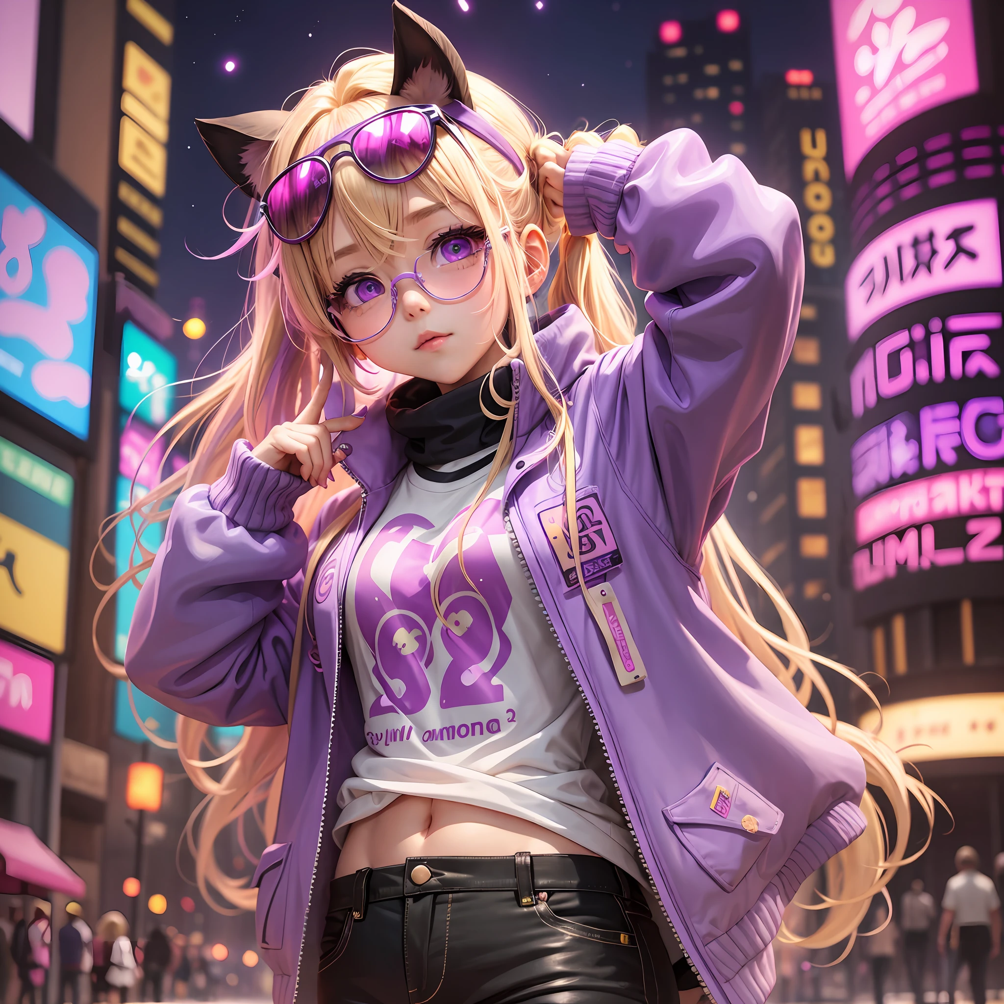Cute anime girl blonde hair pig tails with violet colored eyes wearing pink transparent sunglasses under pink blue purple city lights surrounded by glowing yellow stars --auto --s2
