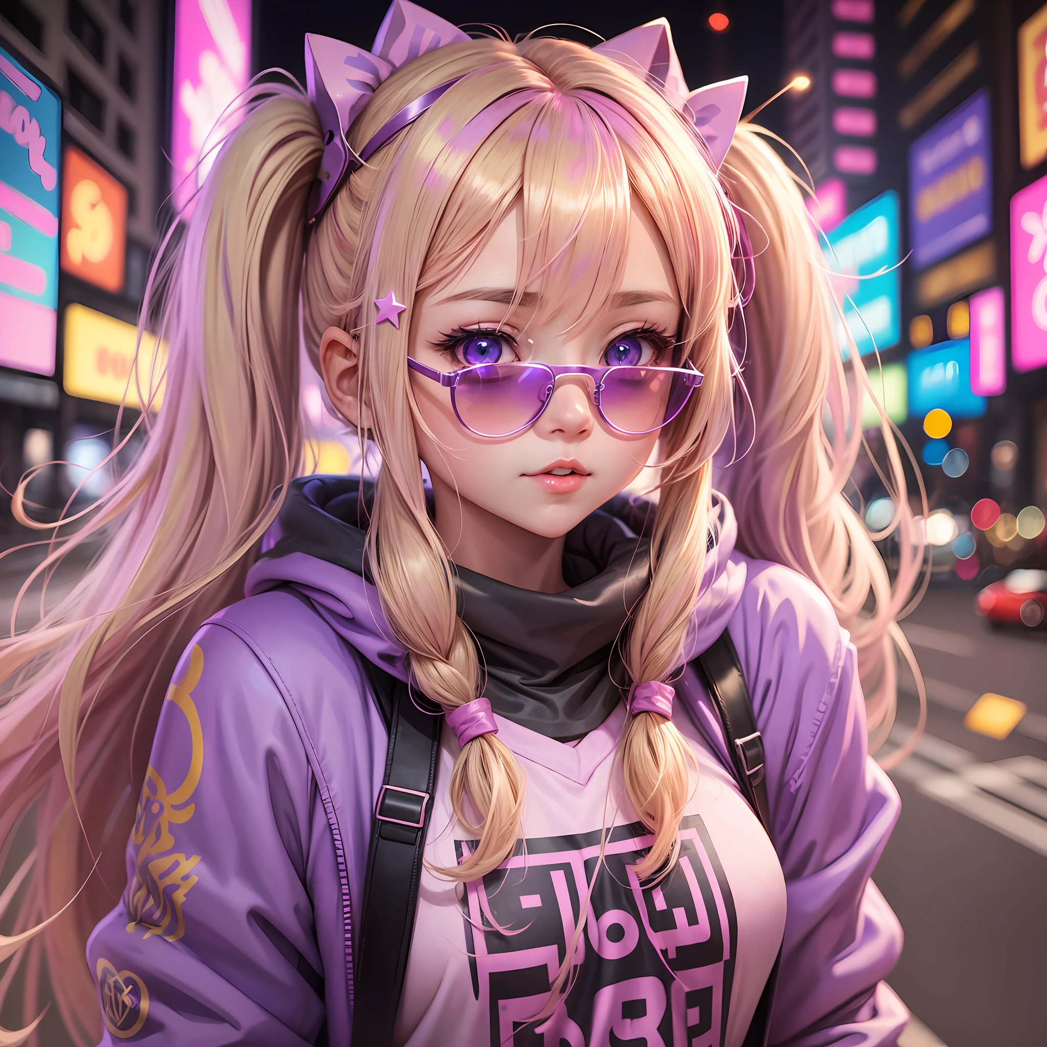 Cute anime girl blonde hair pig tails with violet colored eyes wearing pink transparent sunglasses under pink blue purple city lights surrounded by glowing yellow stars --auto --s2