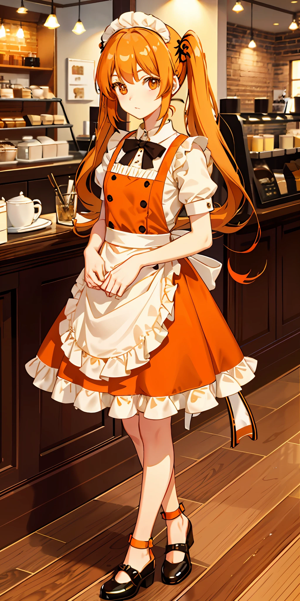 Working in a coffee shop, Age: 16, Hairstyle: Twintails, Hair color: Orange, Eye color: pale brown, Calm face, Big eyes, Height: 150cm, Body type: slender, Breast size: Small, ((orange maid clothes)), white apron, white ruffles