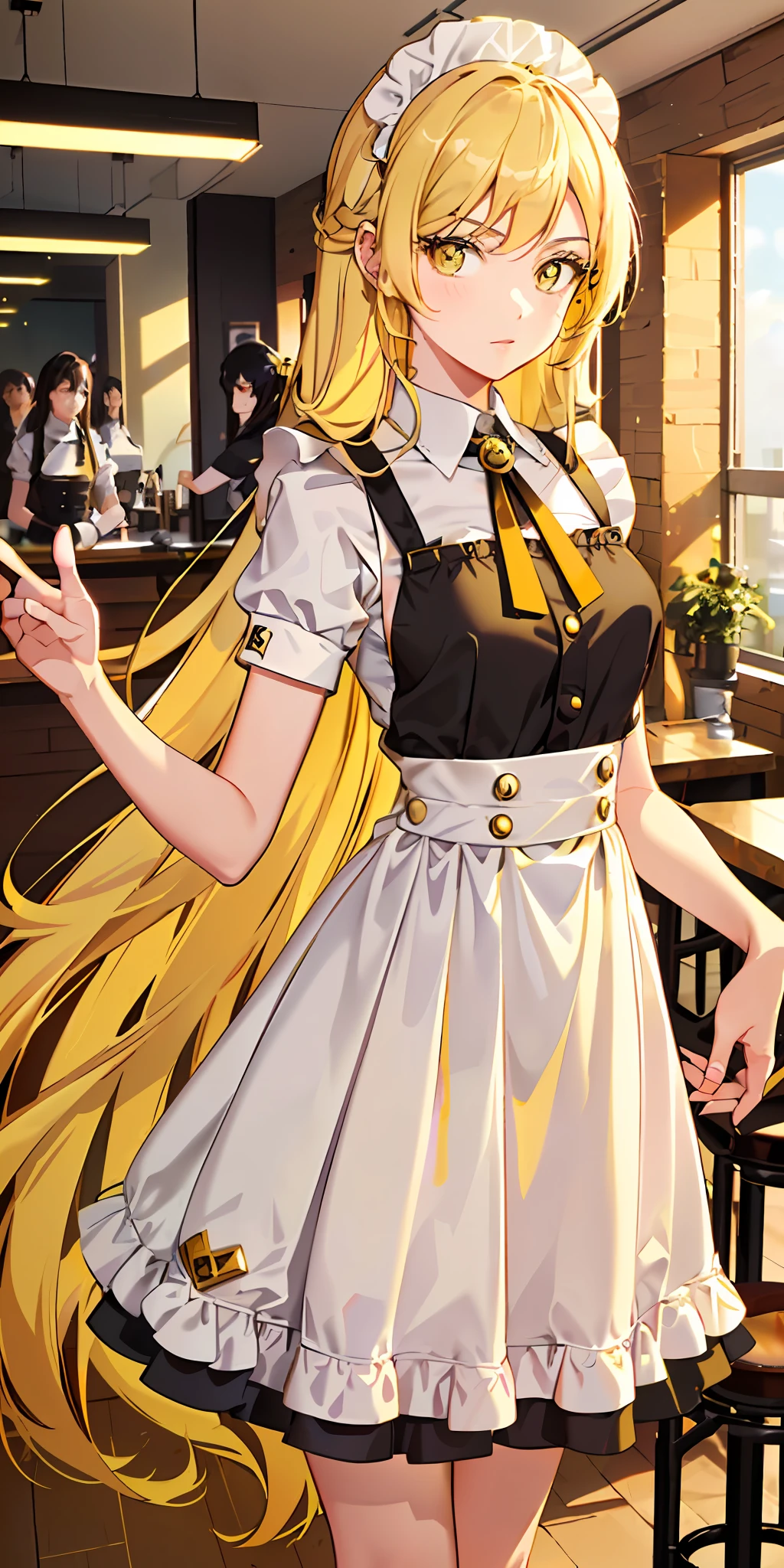 Working in a coffee shop, 1 girl, Age: 20 years old, hairstyle is long, (((hair is gold)), eyes are green, (((bright and energetic)), height is 162cm, body is slim, breast size is medium, (maid clothes have yellow accents), white apron