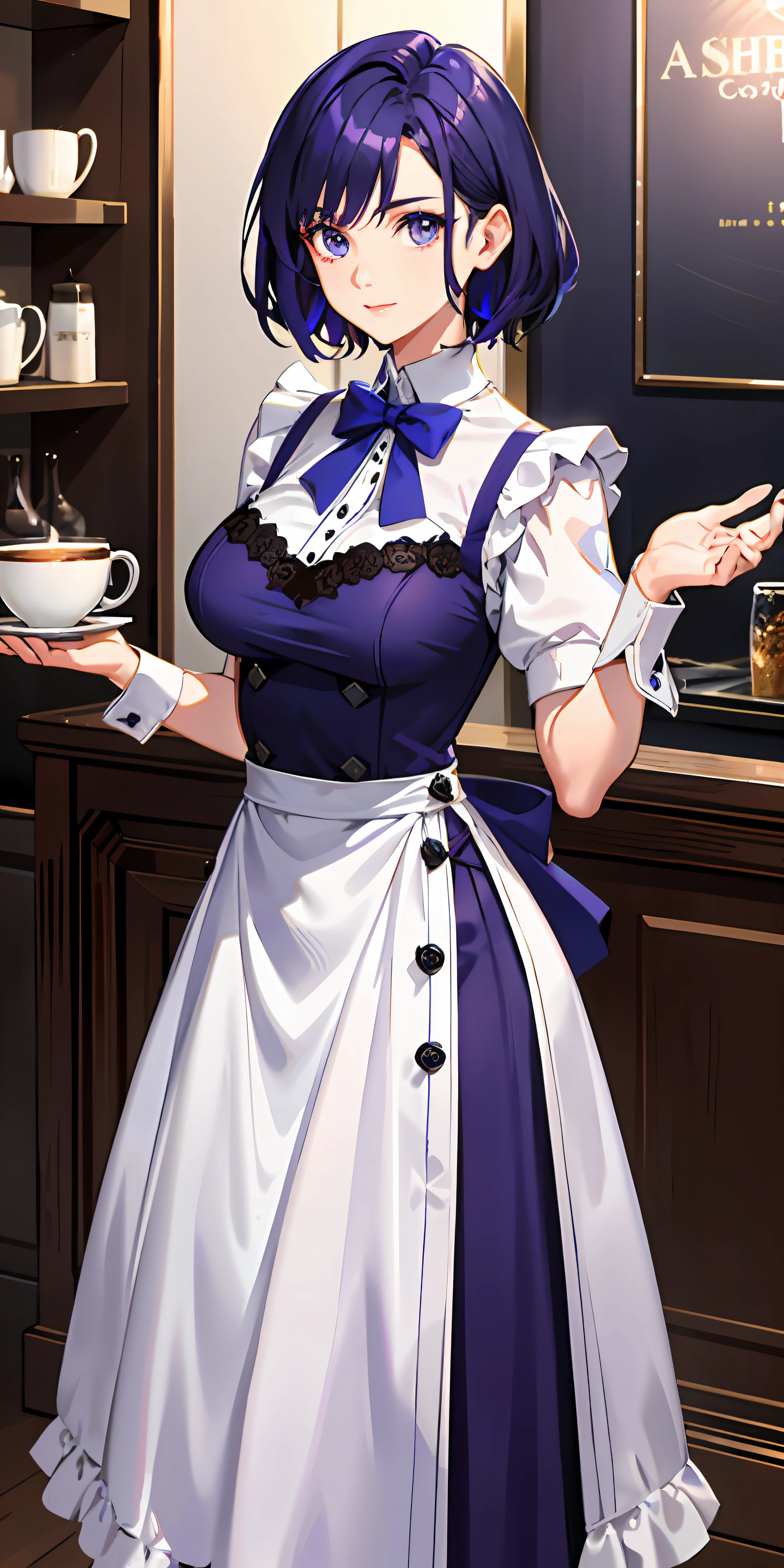 Coffee shop, Age: 24, Hairstyle: Shortcut, Hair color: Deep blue-purple, Eye color: Bright indigo, Face: Mature beauty, Clean face, Calm expression, Mature charm, Height: 165cm, Body type: Slender, Breast size: Large, (Wearing classic blue-purple and white maid clothes)