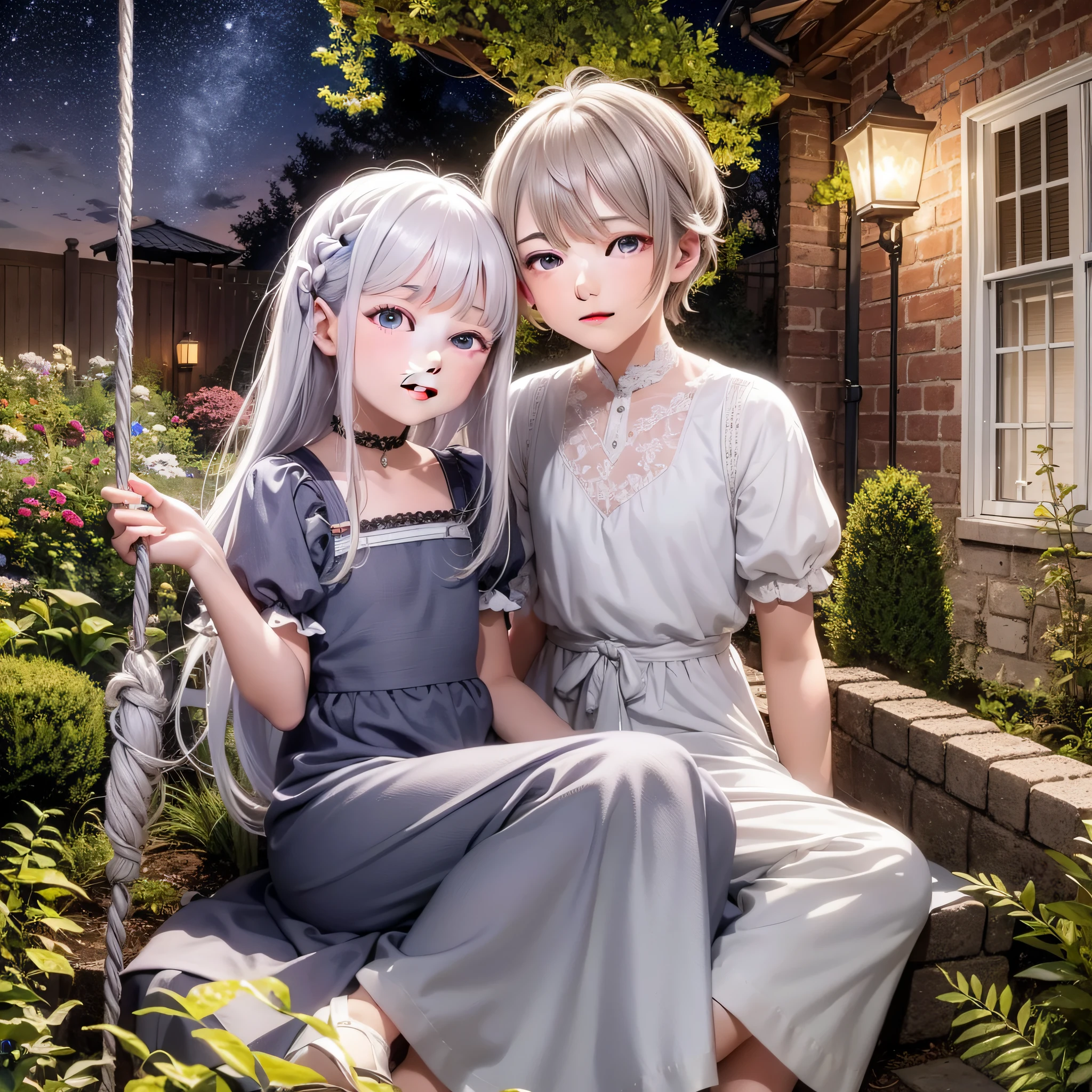 Under the stars at night, there is a small garden on the roof, where a girl in a long dress with white hair and gray eyes sits on a double swing with a boy with short brown hair and brown eyes in light blue T-shirt shorts