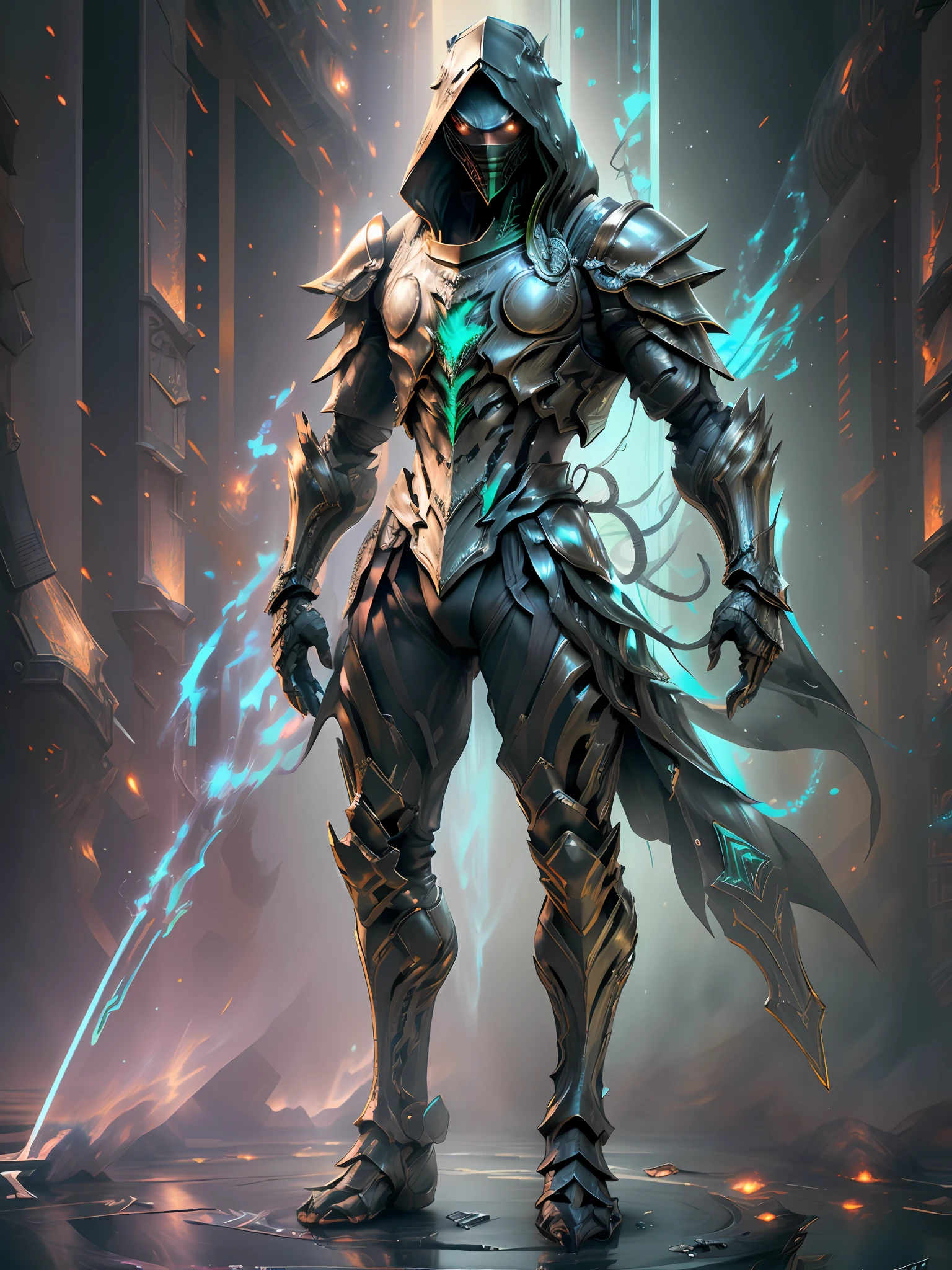 (full body hyper realistic:2) hooded sharp ornate armored warriors mans standing, waring mask, black and green (extra details armor:1.8) (Many details1.9) night, front view, battlefield background, full body, full body, all body, front view, wide angle, ultra details, ultra resolution, ultra quality, unreal engine 5, cinematic light, cinematic lighting, cinematic lighting, feet out of frame, super detail, 16k, high quality, best quality, textured skin, high details, super details
