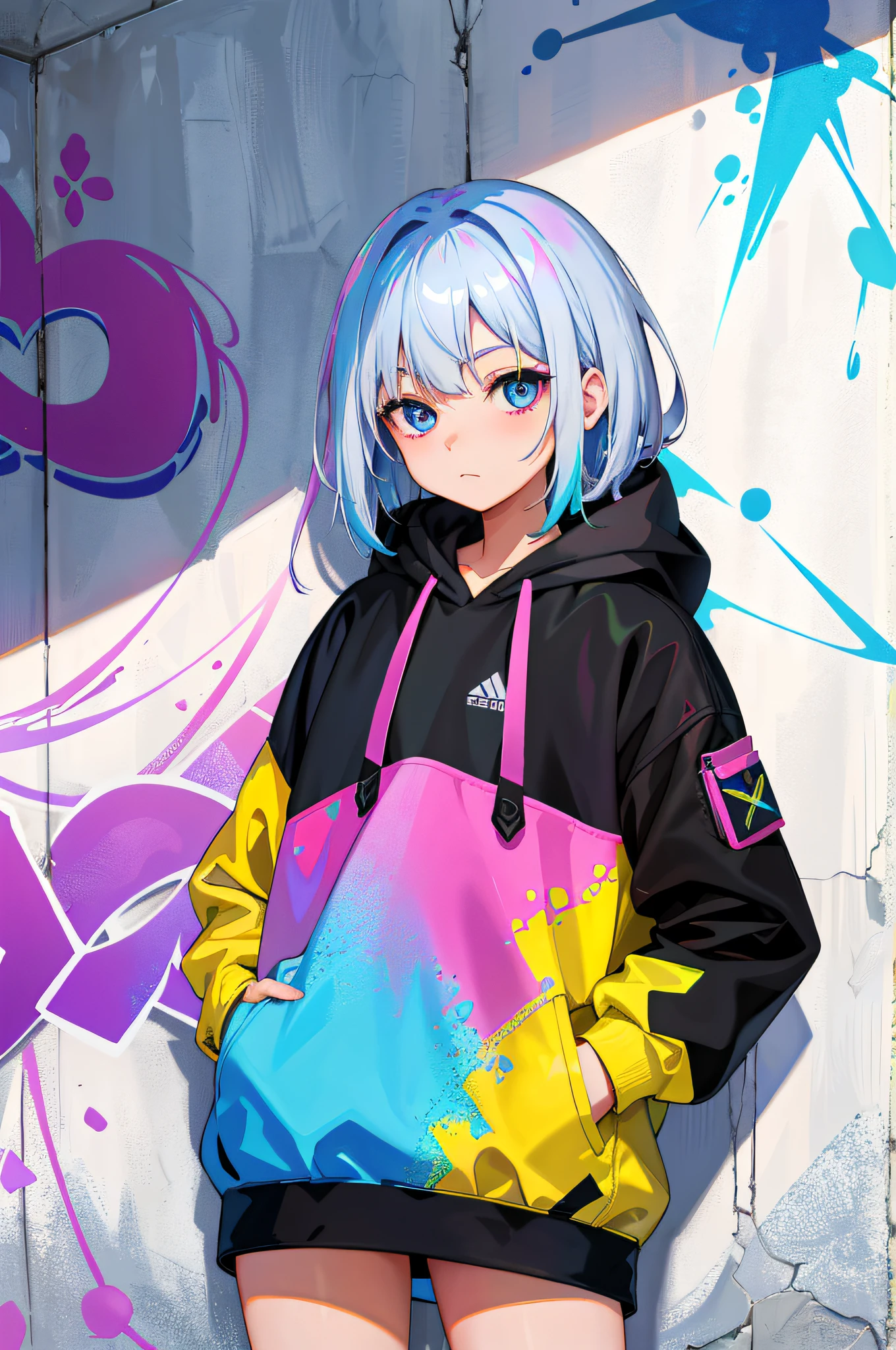 Masterpiece, high quality, high resolution, absurd, super fine, 8k, 1girl, platinum gray hair, blue hair, colorful hair, gradient hair, looking at the viewer, colorful eyes, colorful hoodie, (graffiti mural background wall : 1.15), Wonderful Paint, Bloom, Portrait, Crosshair, Shut Up, Fanny Pack, Against the Wall, Bangs, Shadow, Reflection